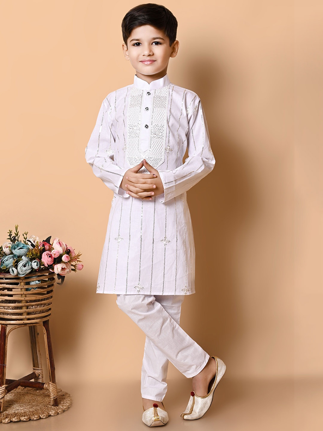 

NFC CREATION Boys Geometric Embroidered Sequinned Pure Cotton Kurta With Trousers, White