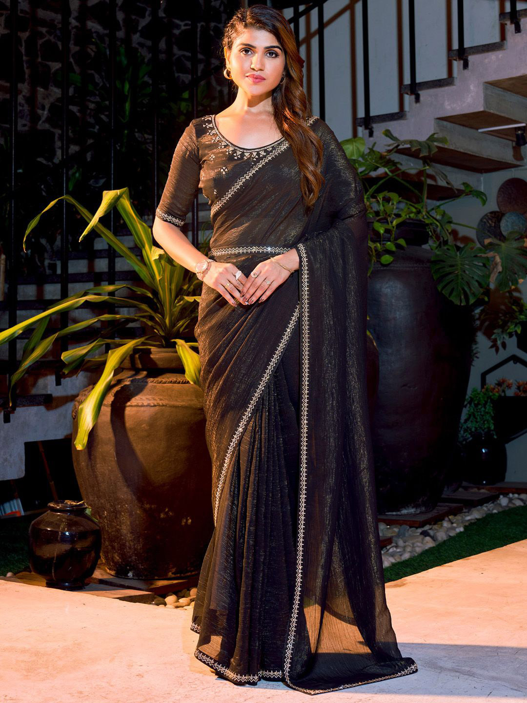 

Anouk Embellished Beads and Stones Pure Chiffon Saree, Black