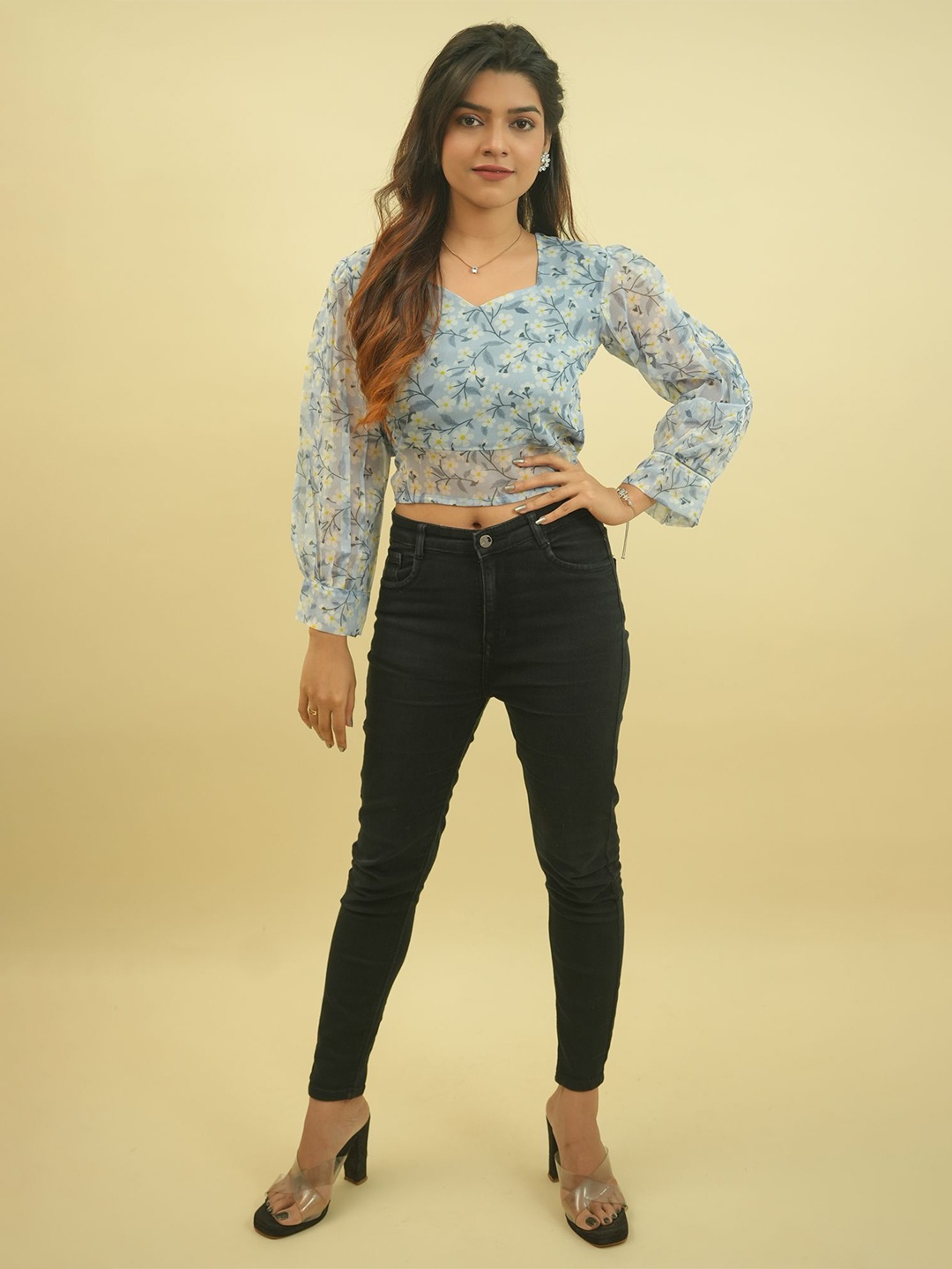 

GO BOUJEE Women Floral Printed Sweetheart Neck Cotton Top, Blue
