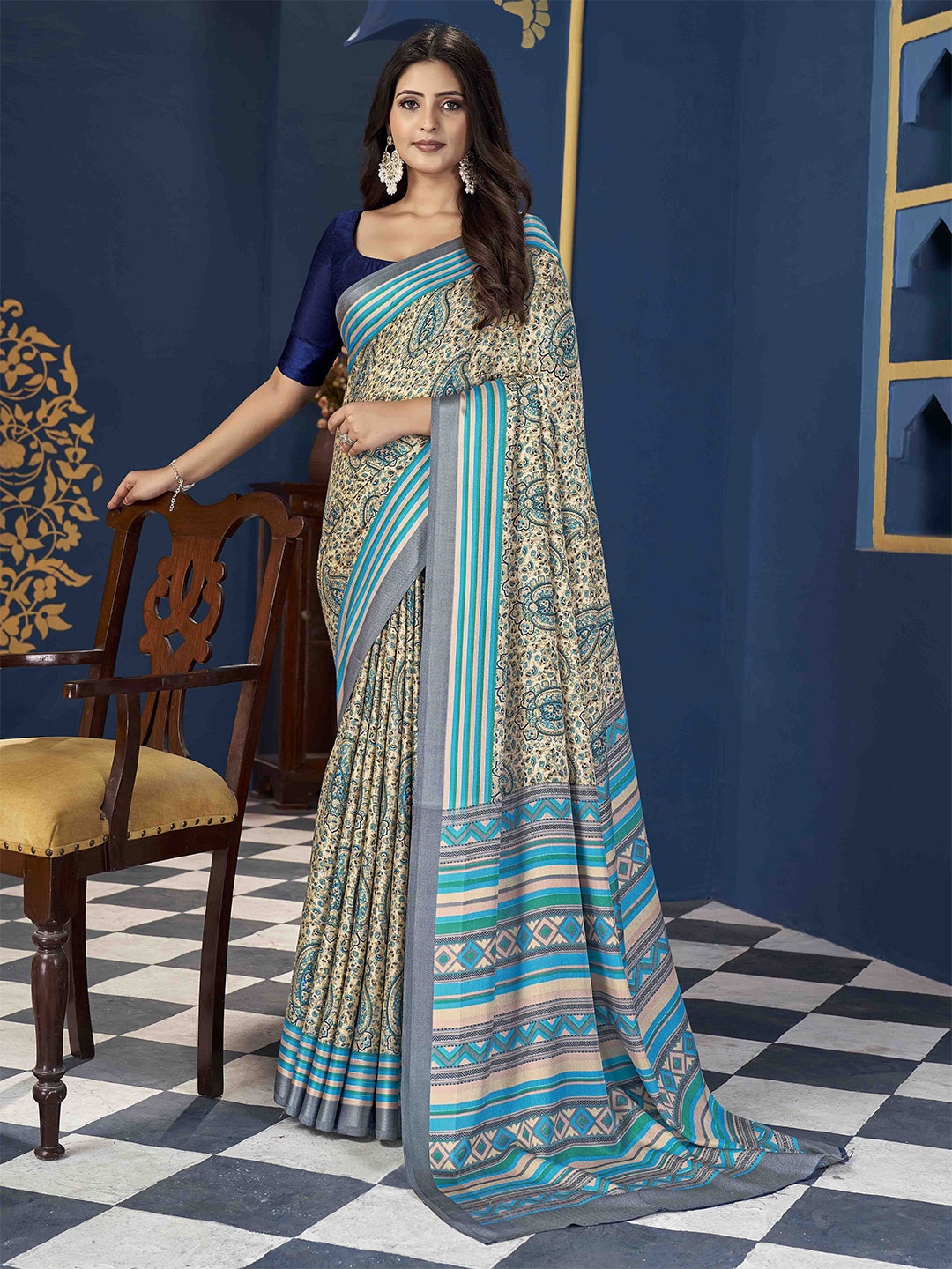 

Ethnielle Paisley Printed Saree, Beige