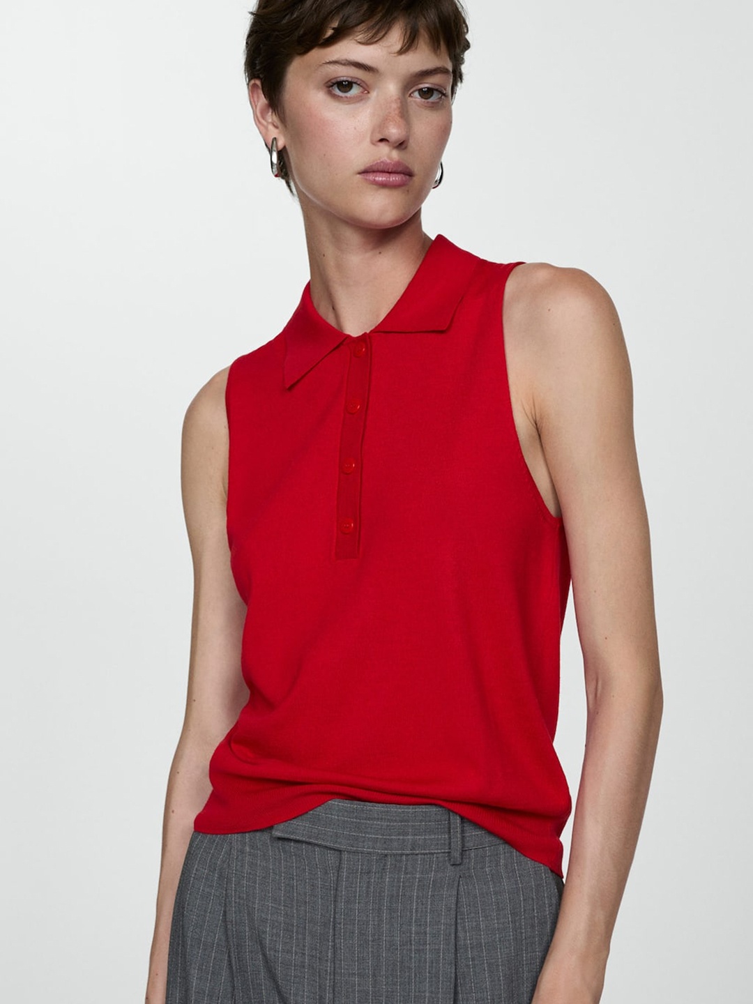 

MANGO Cherry Red Knitted Shirt-Style Top
