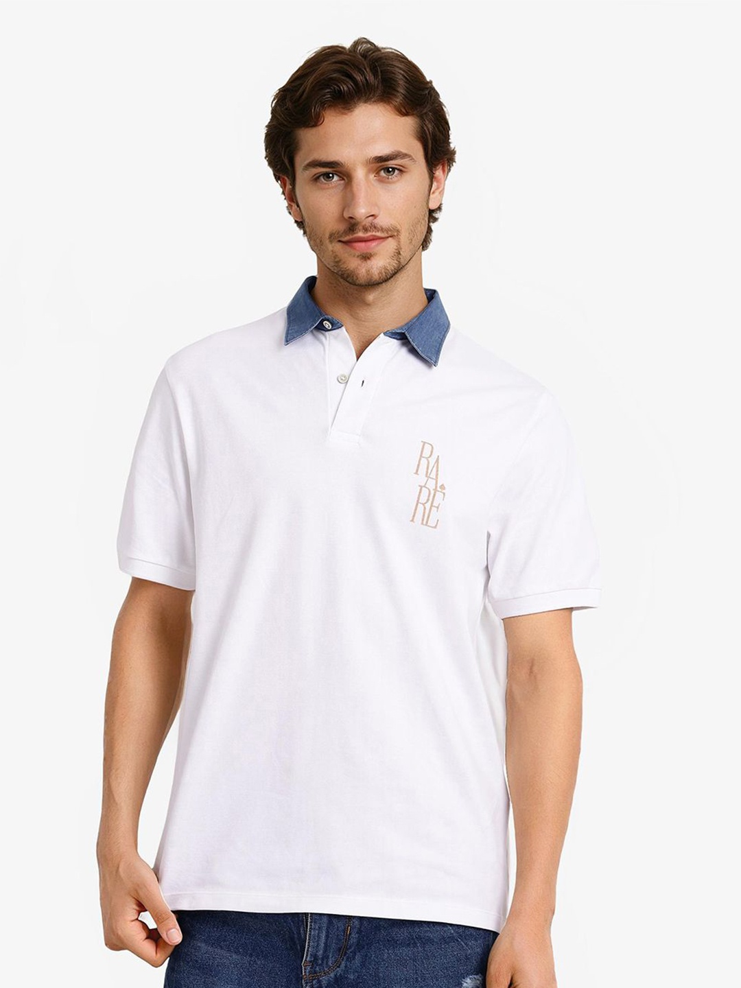 

RARE RABBIT Men Solid Polo Collar Cotton T-shirt, White