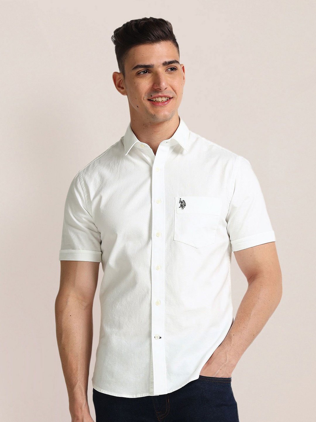 

U.S. Polo Assn. Men Classic Spread Collar Solid Cotton Casual Shirt, White