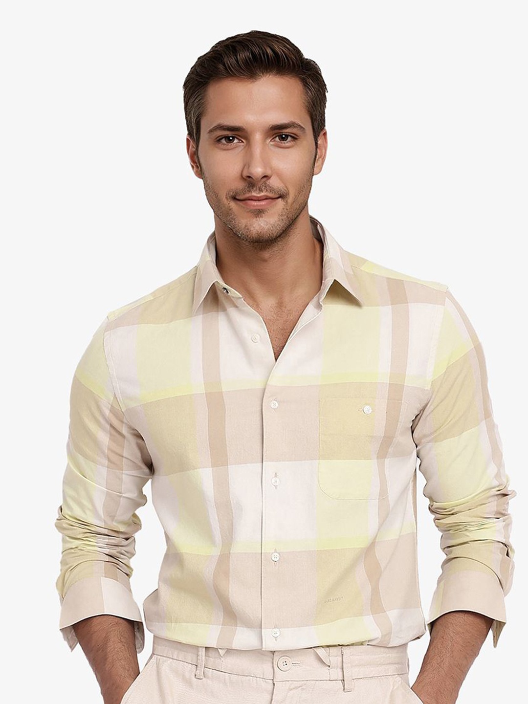 

RARE RABBIT Men Comfort Spread Collar Tartan Checked Cotton Casual Shirt, Green