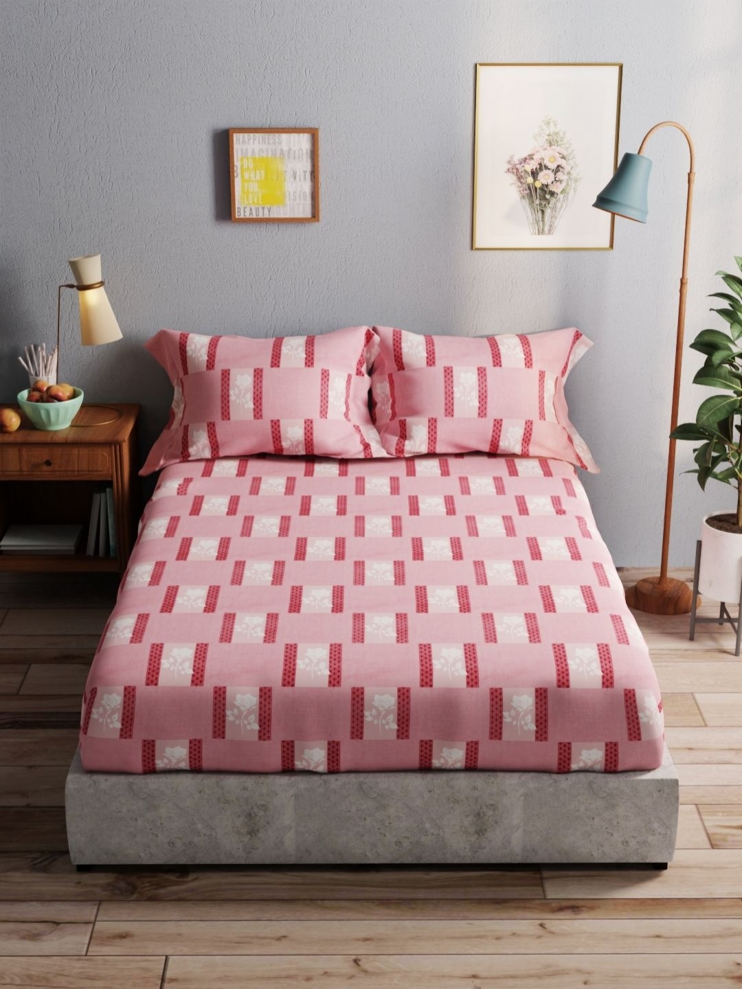 

BIANCA Pink & White Geometric 140 TC Cotton Queen Double Bedsheet with 2 Pillow Covers