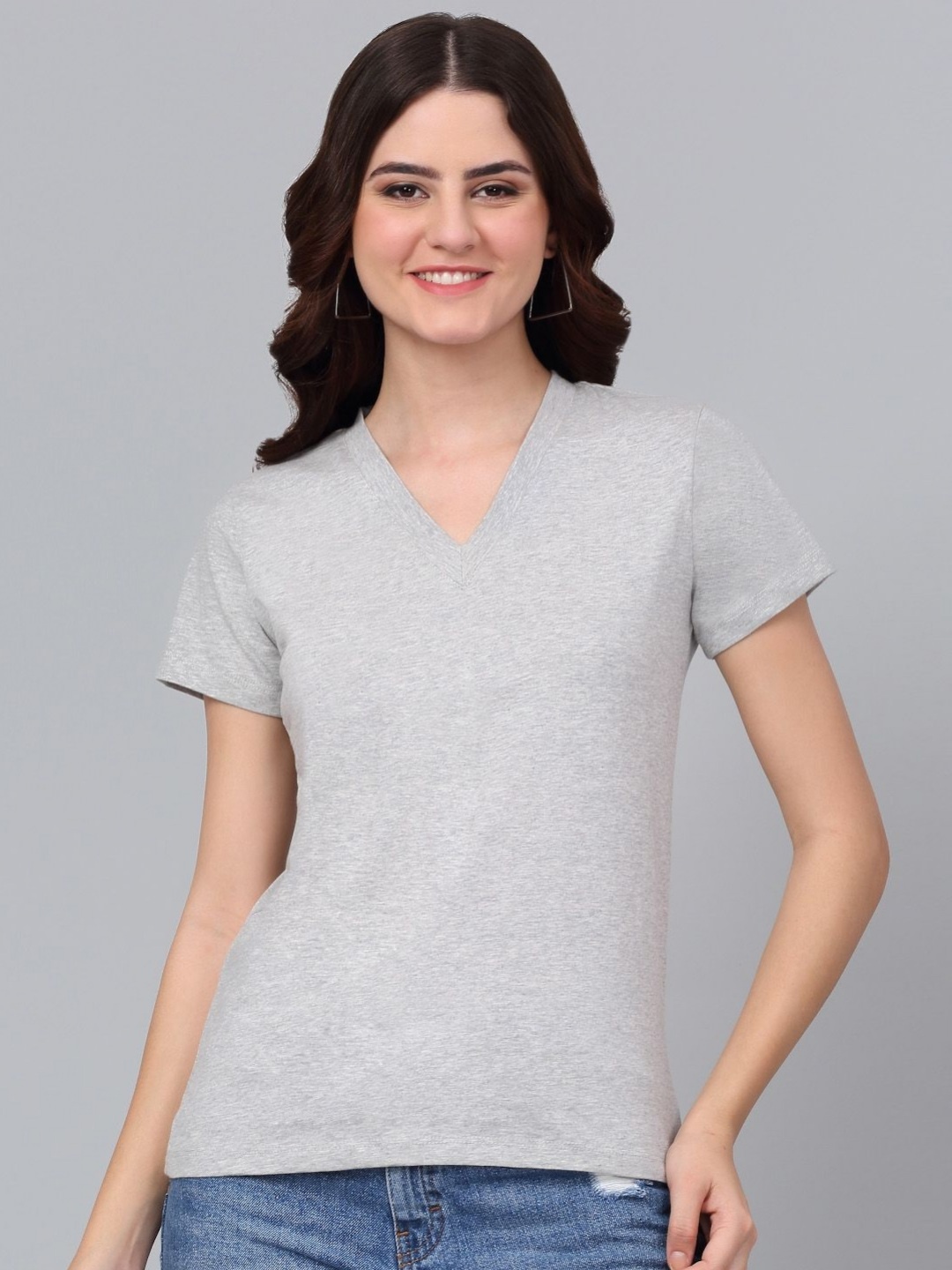 

Dressitude Women Solid V-Neck Pure Cotton T-Shirt, Grey