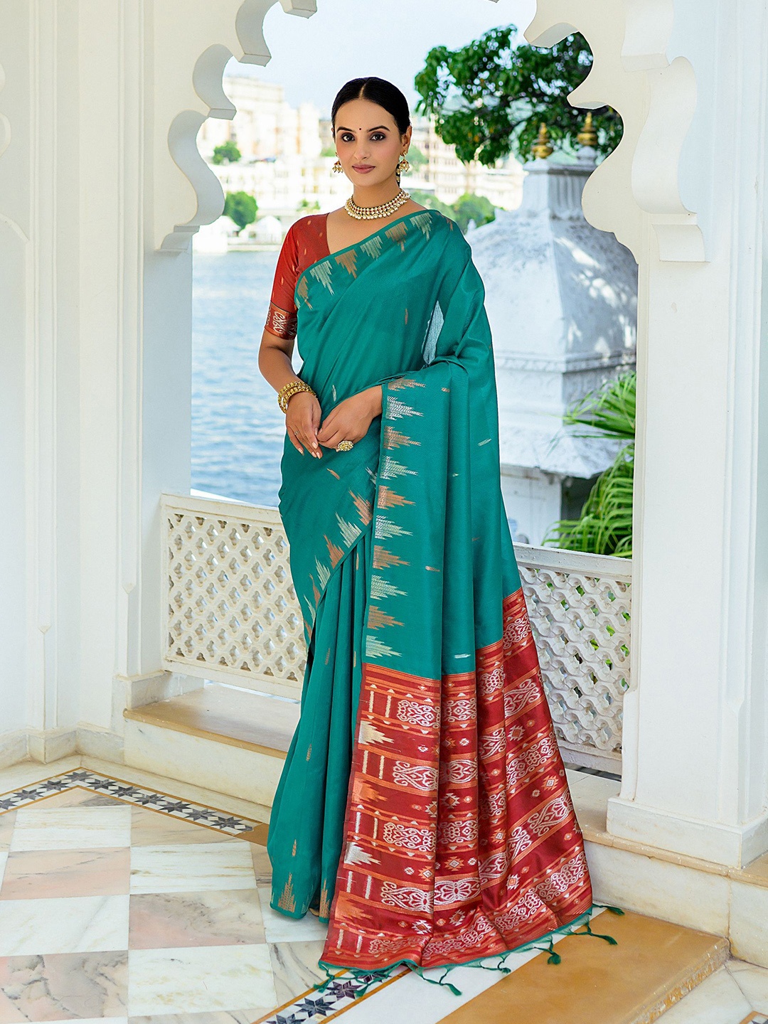 

LeeliPeeri Designer Woven Design Zari Silk Blend Tussar Saree, Teal