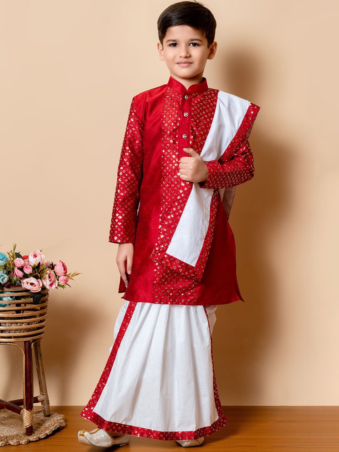 

NFC CREATION Boys Embroidered Sequinned Dupion Silk Kurta with Dhoti Pants & With Dupatta, Maroon