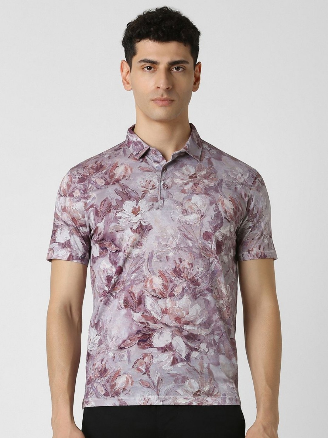 

V Dot Men Floral Printed Polo Collar Cotton Slim Fit T-shirt, Purple