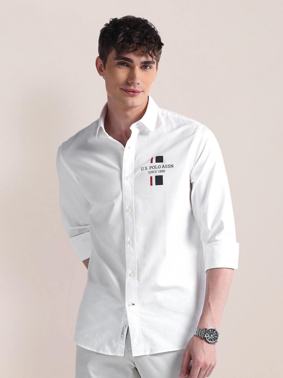 

U.S. Polo Assn. Men Classic Spread Collar Solid Cotton Casual Shirt, White