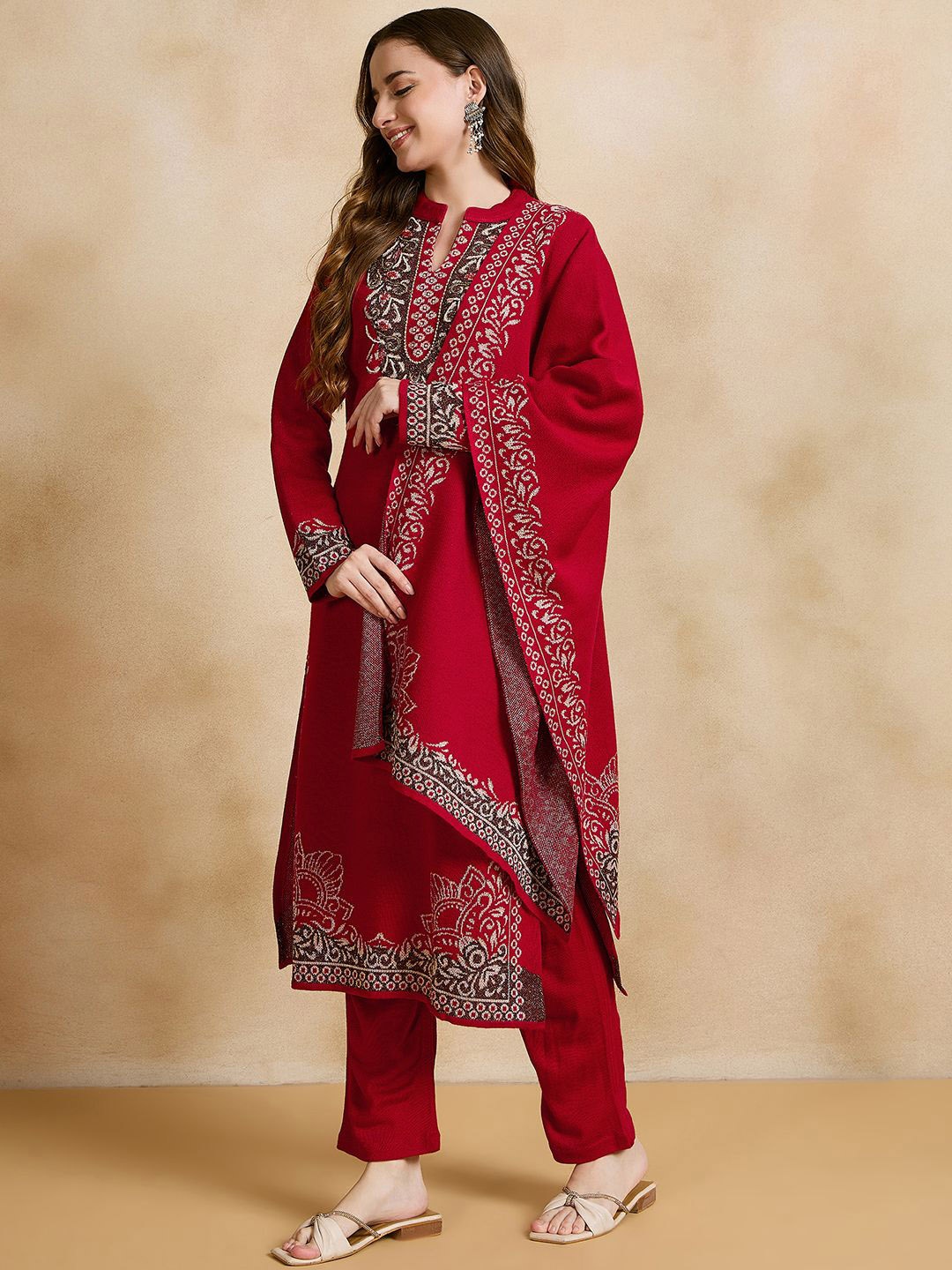 

CLAPTON Floral Embroidered Thread Work Pure Woollen A-Line Kurta With Trousers & Dupatta, Red