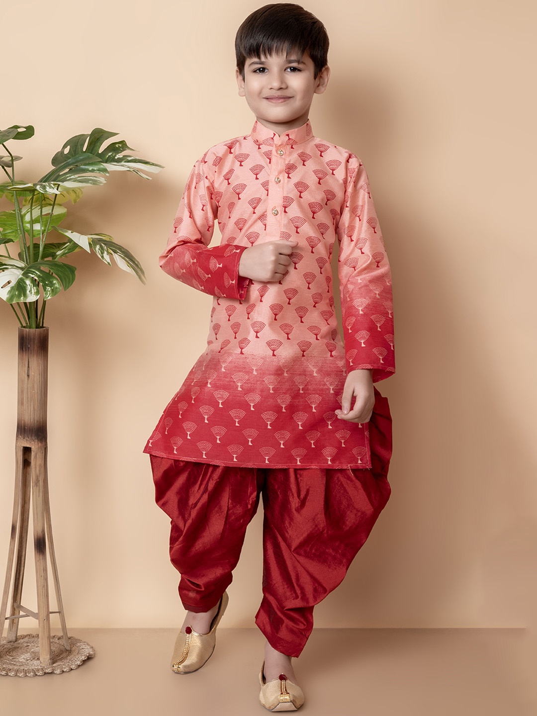 

NFC CREATION Boys Ethnic Motifs Printed Regular Dupion Silk Straight Kurta with Patiala, Peach