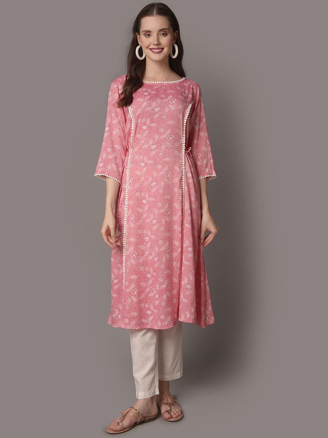 

Shree Floral Printed Liva A-Line Kurta, Pink