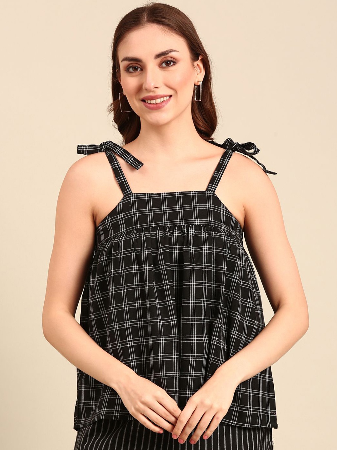 

De Moza Women Checked Shoulder Straps Cotton Top, Black
