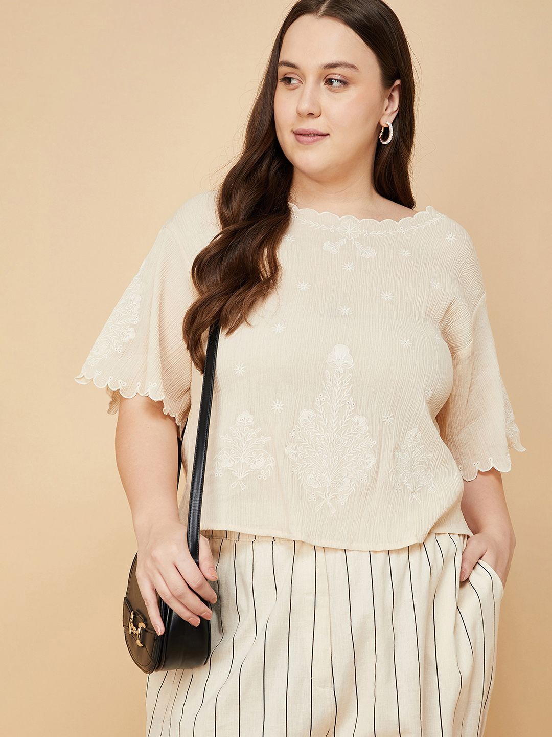 

max Women Floral Printed Round Neck Top, Beige