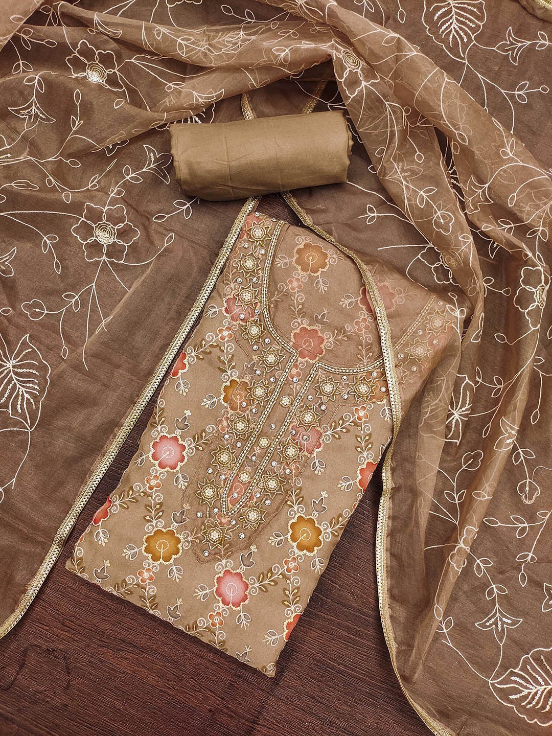 

KALINI Embroidered Organza Unstitched Dress Material, Coffee brown