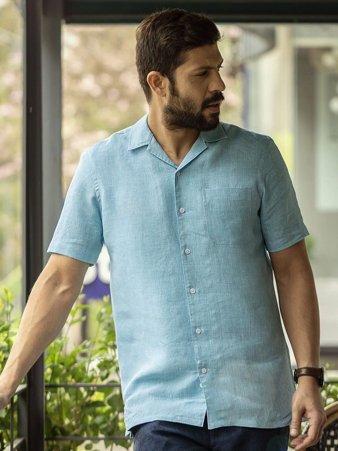 

Monks of Method Men Comfort Cuban Collar Solid Linen Casual Shirt, Turquoise blue