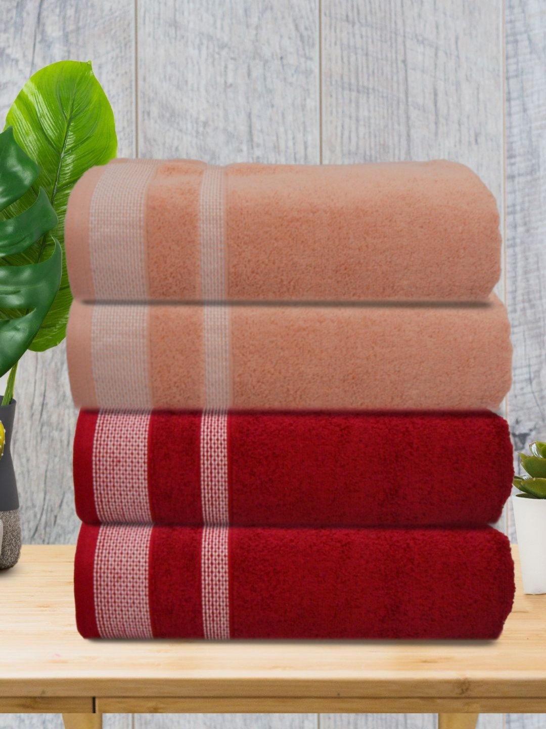 

Aura Maroon & Peach-Coloured 4 Pieces Striped Cotton 400 GSM Bath Towels