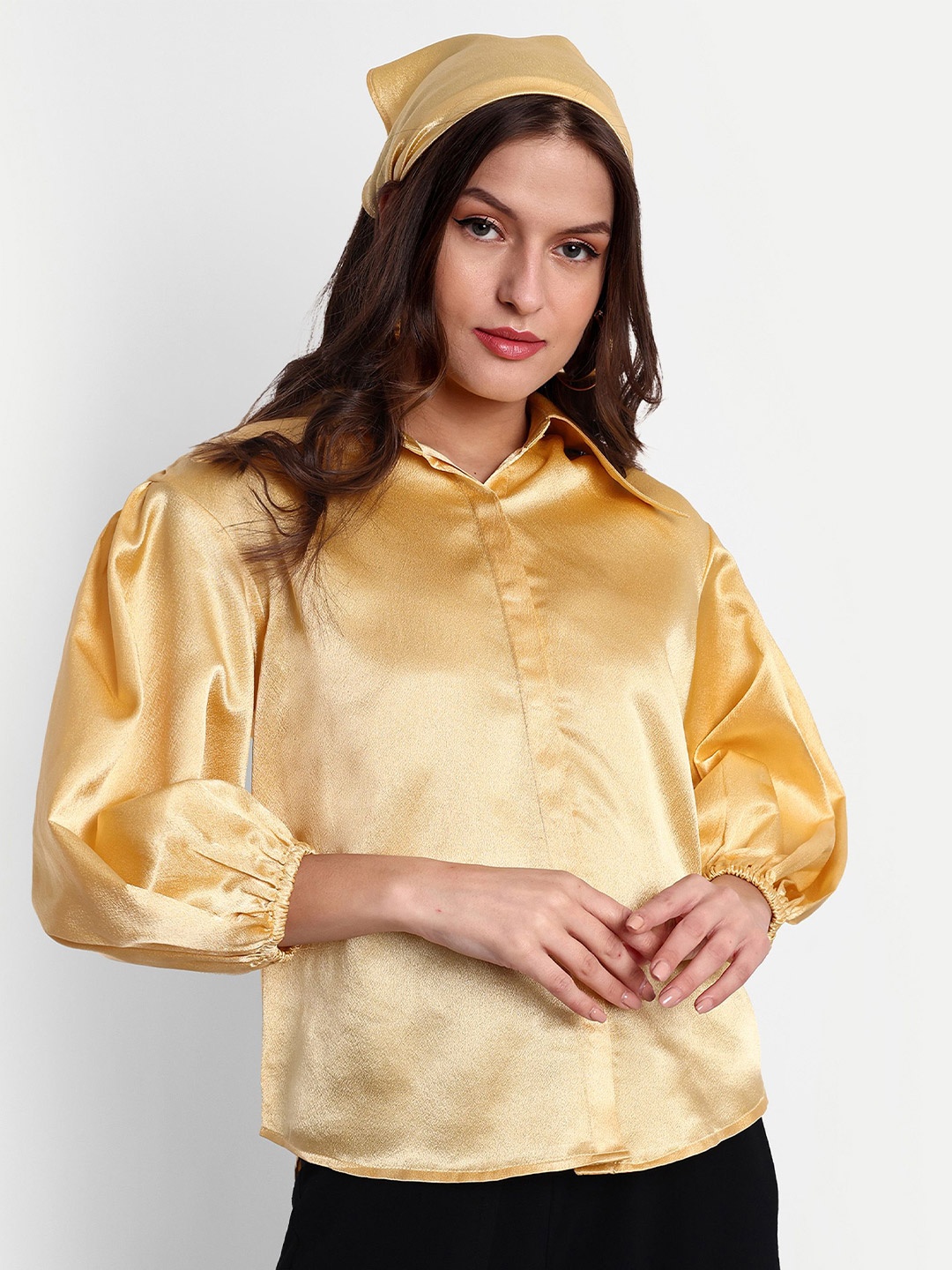 

ESSQUE Women Classic Spread Collar Solid Satin Relaxed Fit Party Shirt, Yellow
