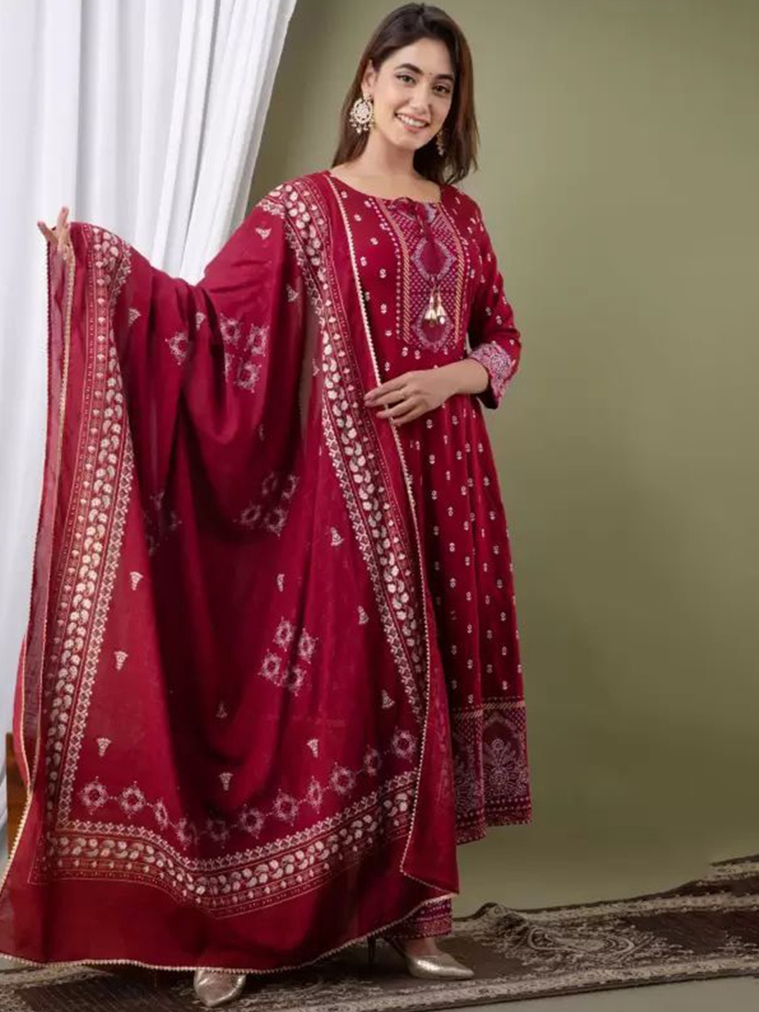 

TOP 2 BOTTOM Floral Printed Tie-Up Neck Anarkali Kurta With Palazzos & Dupatta, Red
