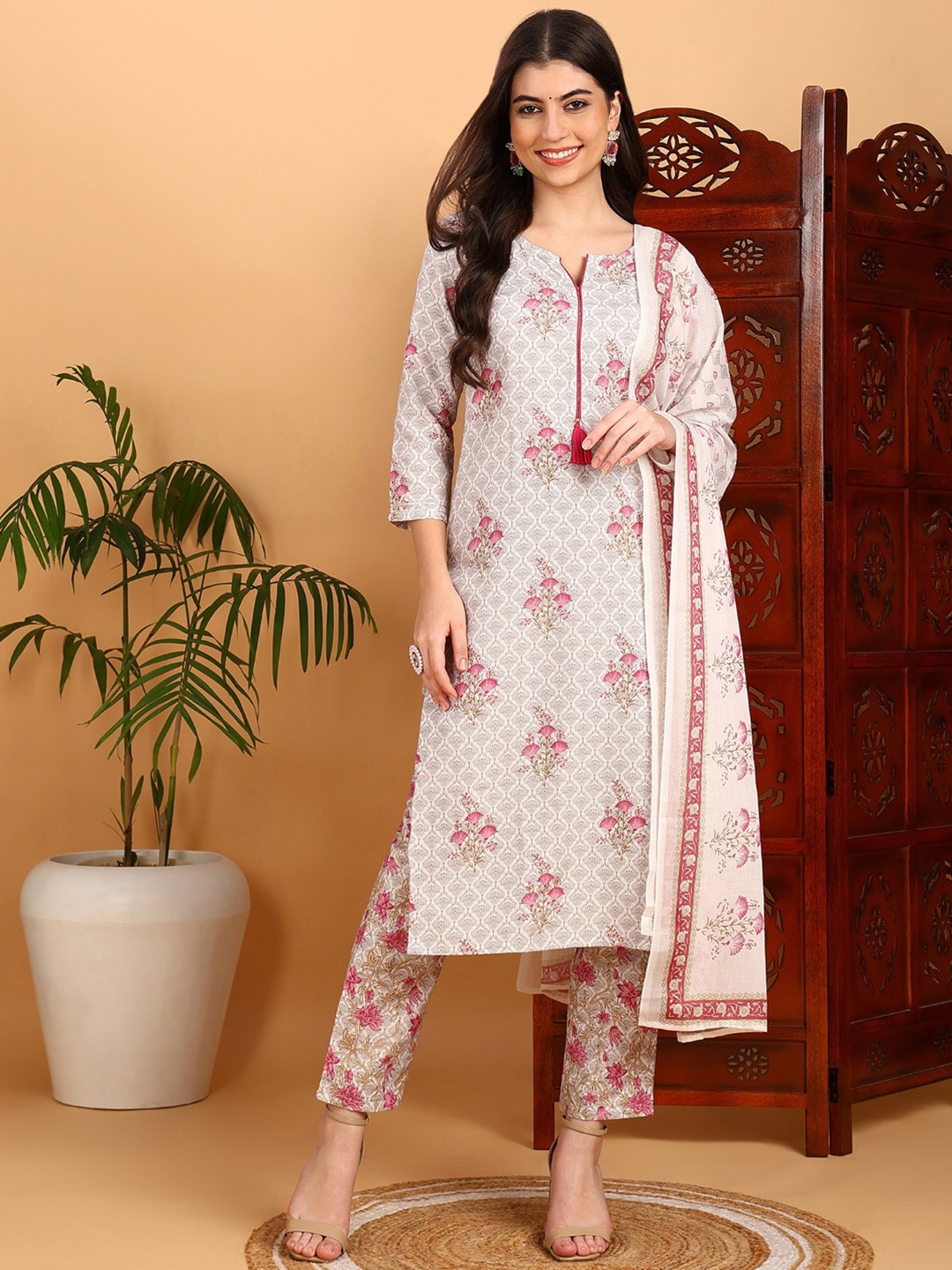 

KALINI Floral Printed Mirror Work Straight Kurta with Trousers & Dupatta, Off white