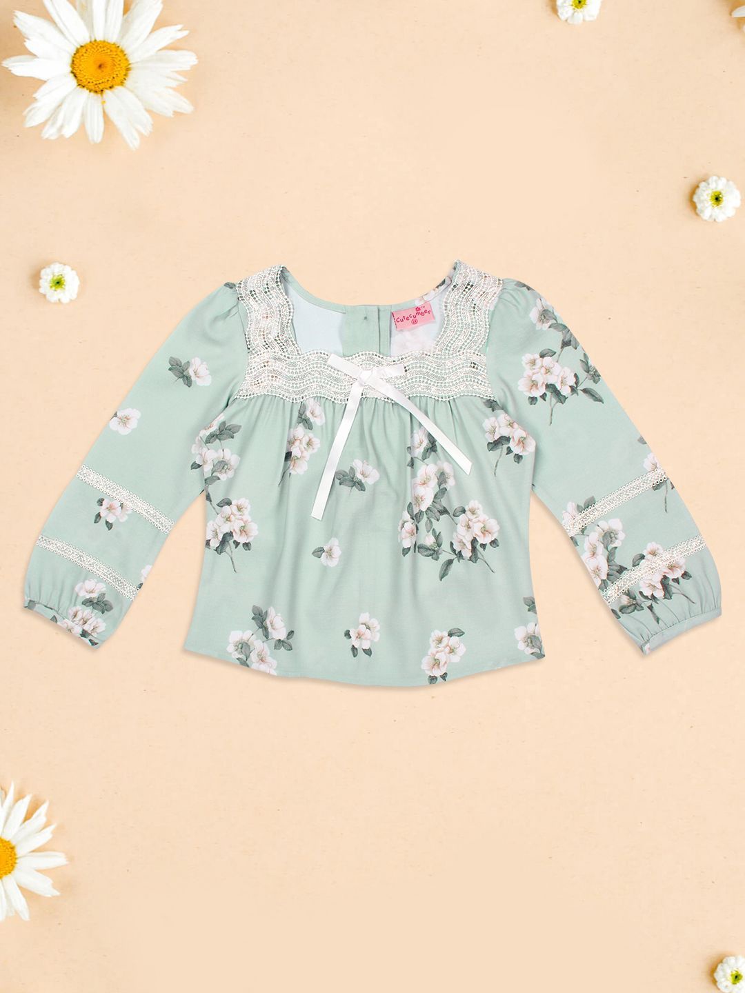 

CUTECUMBER Girls Floral Print Printed Floral Round Neck Top, Green