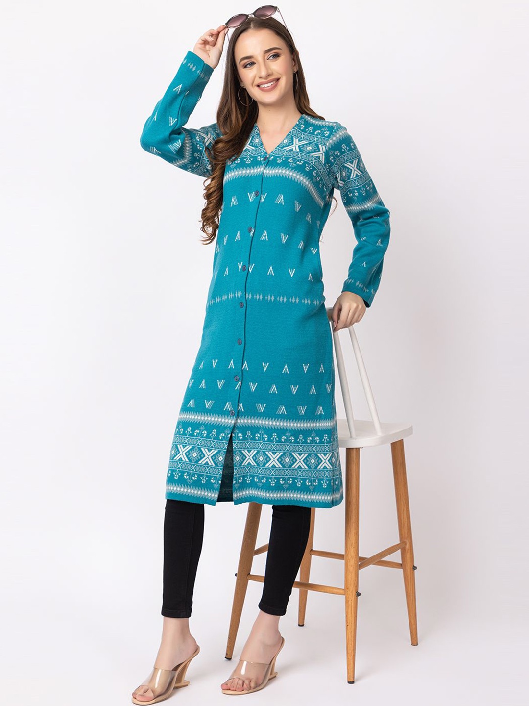 

Anouk Women Embroidered Printed Longline Cardigan, Turquoise blue