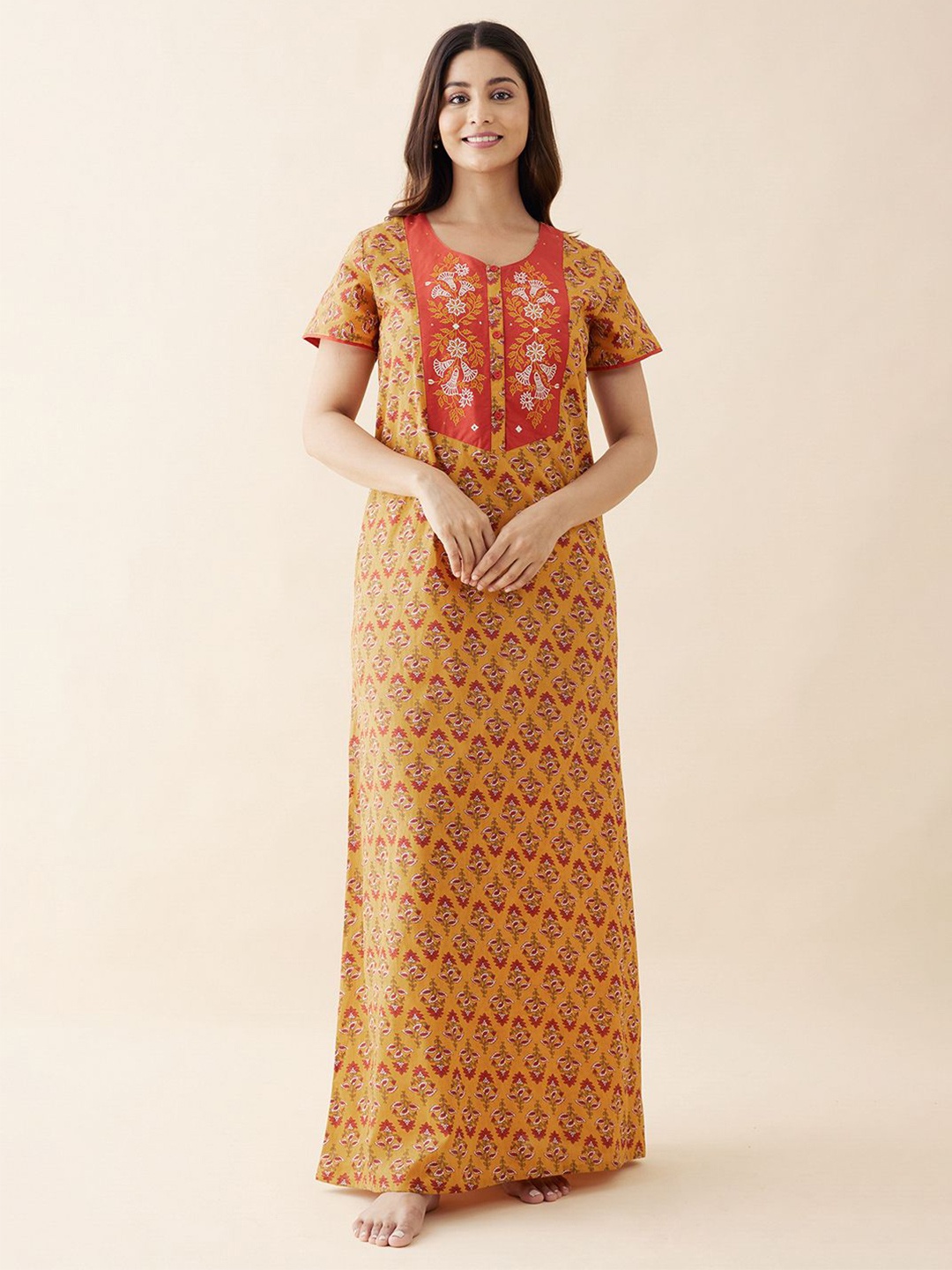 

Maybell pure cotton ethnic motifs Printed Maxi Nightdress, Mustard