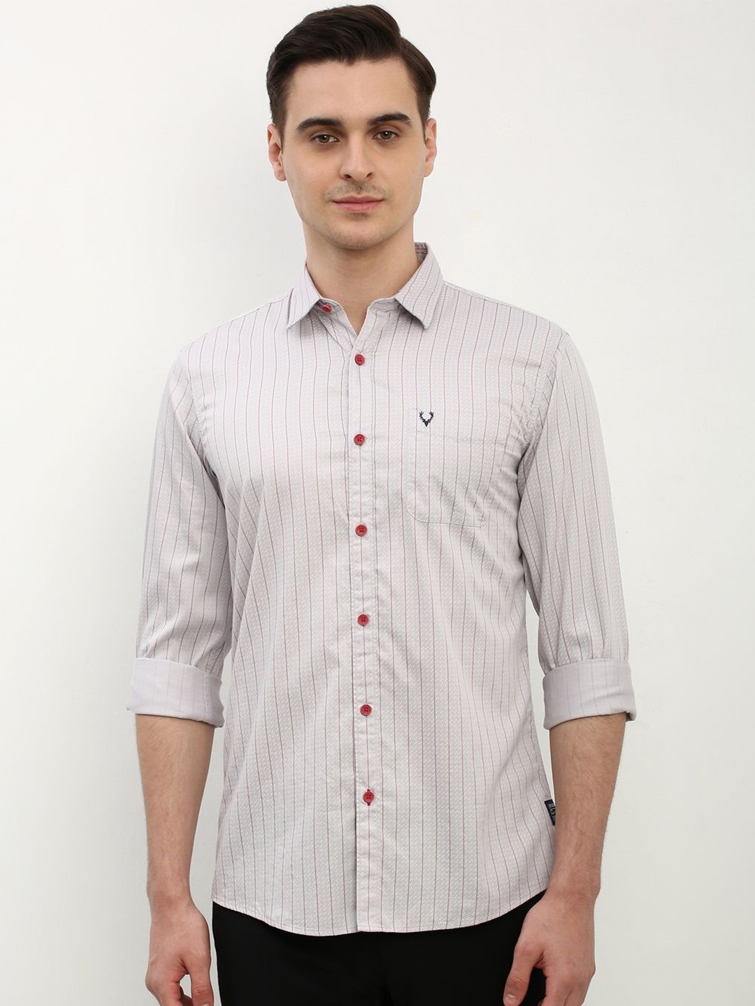 

Allen Solly Men Custom Spread Collar Striped Cotton Casual Shirt, Grey
