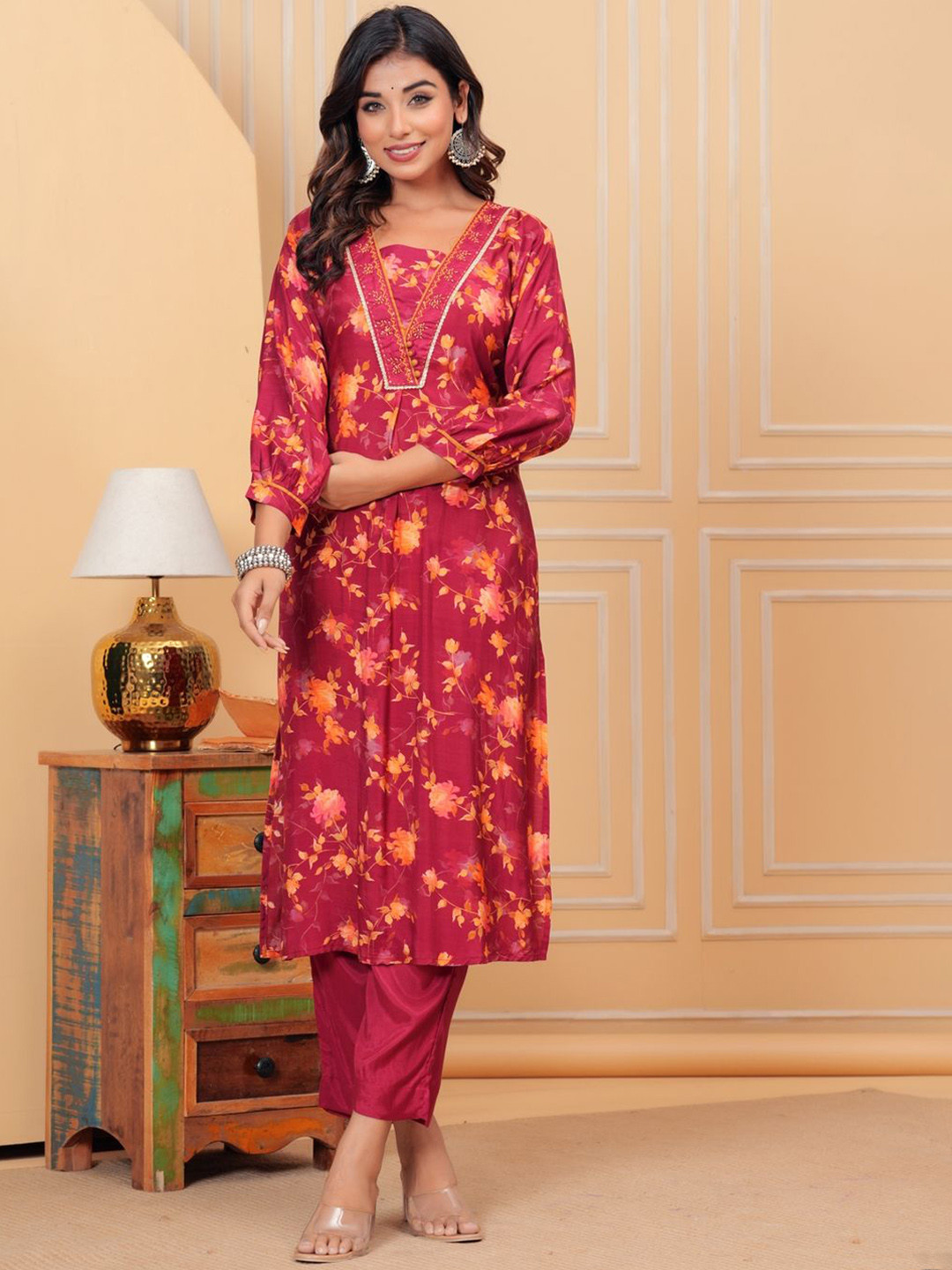 

KALINI Floral Printed Pleated Thread Work Pure Silk A Line Kurta with Trousers, Maroon