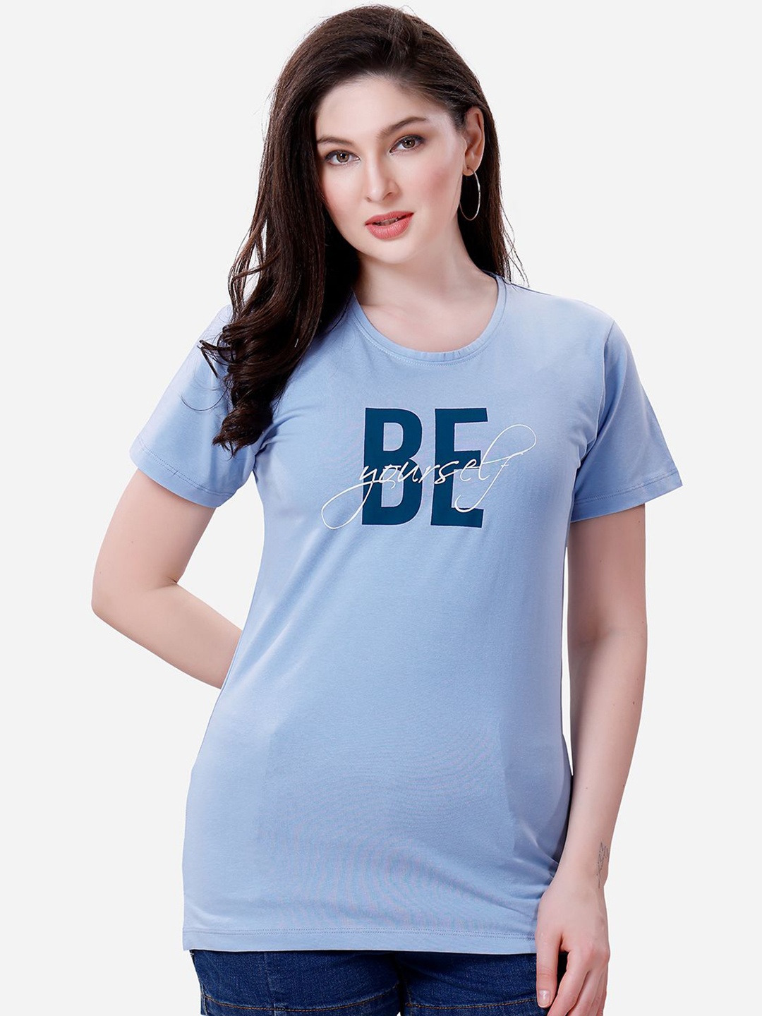 

Lenissa Women Typography Printed Round Neck Cotton Relaxed Fit T-Shirt, Blue