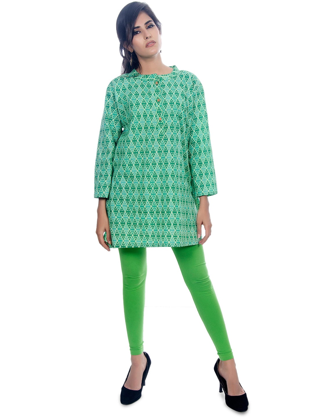 

Resha Geometric Colourblocked Mandarin Collar Cotton Shirt Style Top, Green