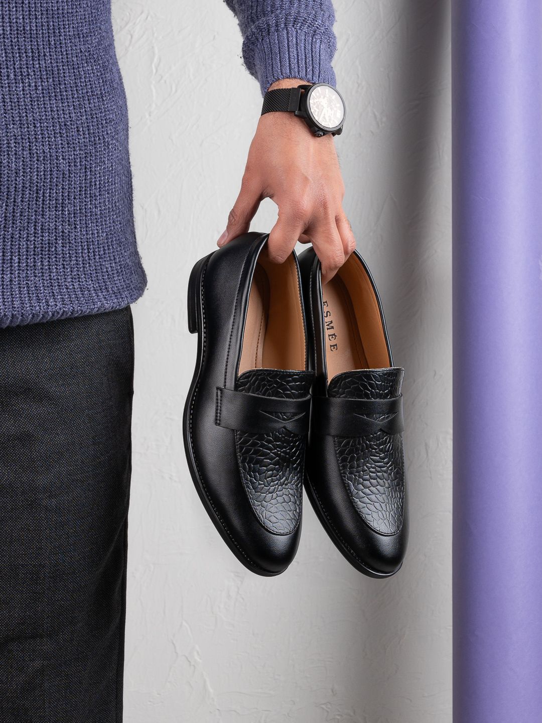 

ESMEE Men Textured Formal Loafers, Black