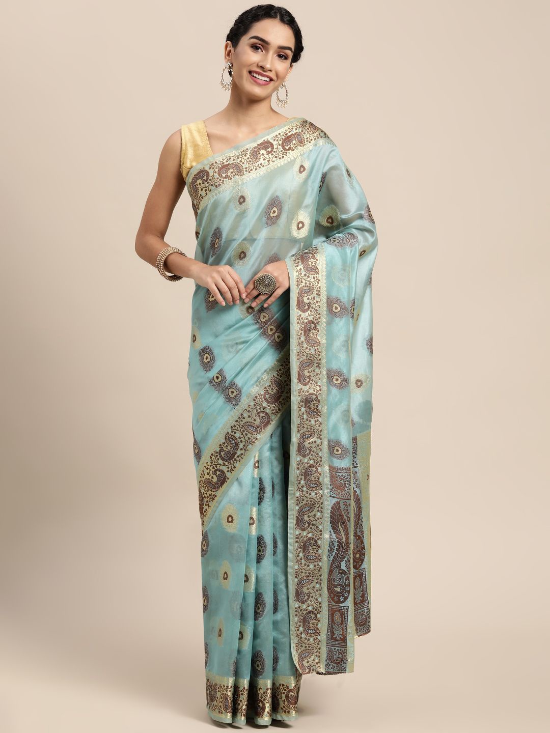 

KIMISHA Woven Design Zari Organza Kanjeevaram Saree, Blue