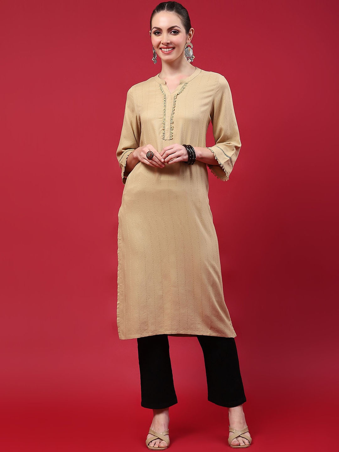 

Shree Striped Sequinned Mandarin Collar Straight Kurta, Beige