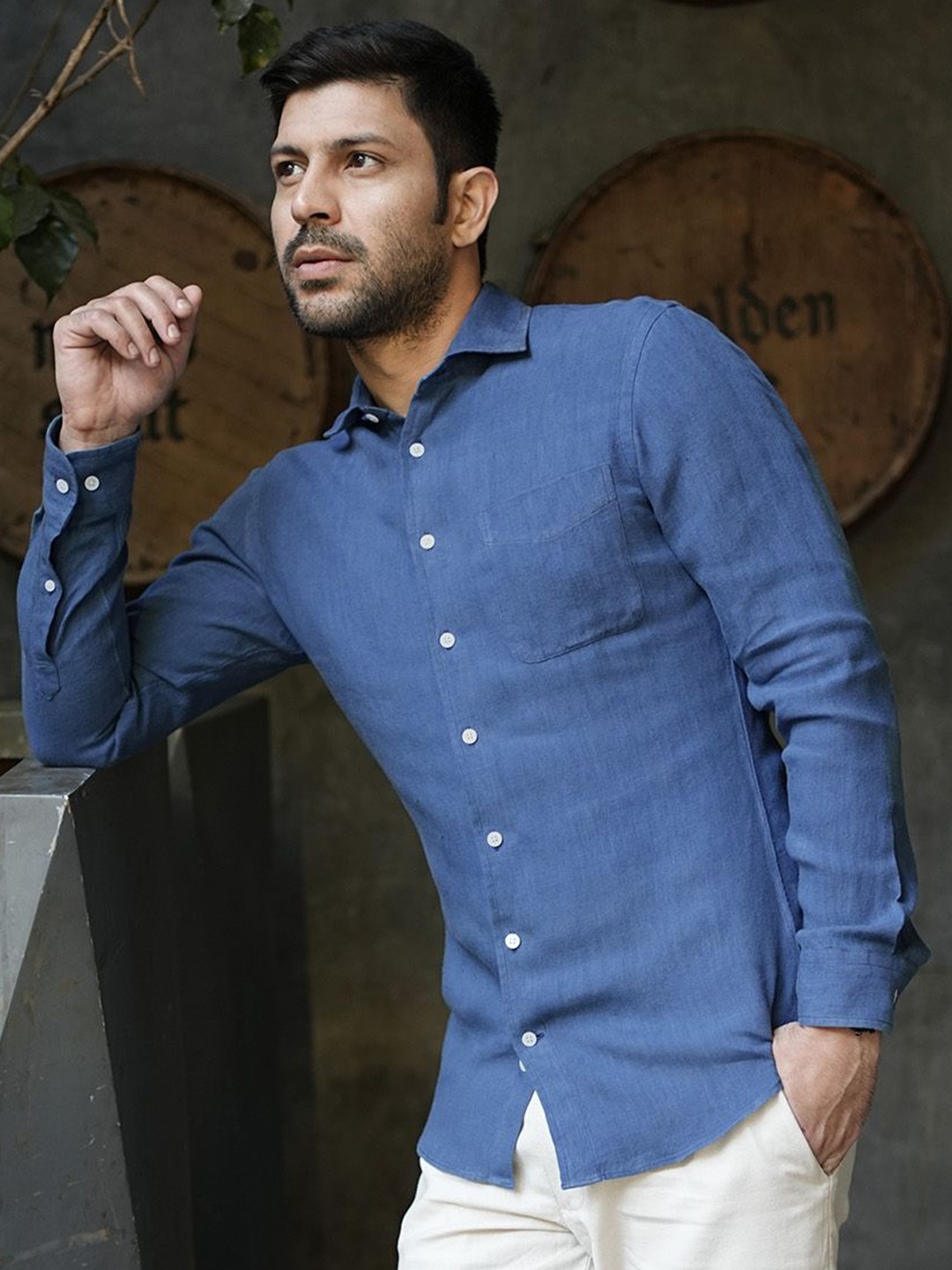 

Monks of Method Men Relaxed Spread Collar Solid Linen Relaxed Fit Casual Shirt, Blue