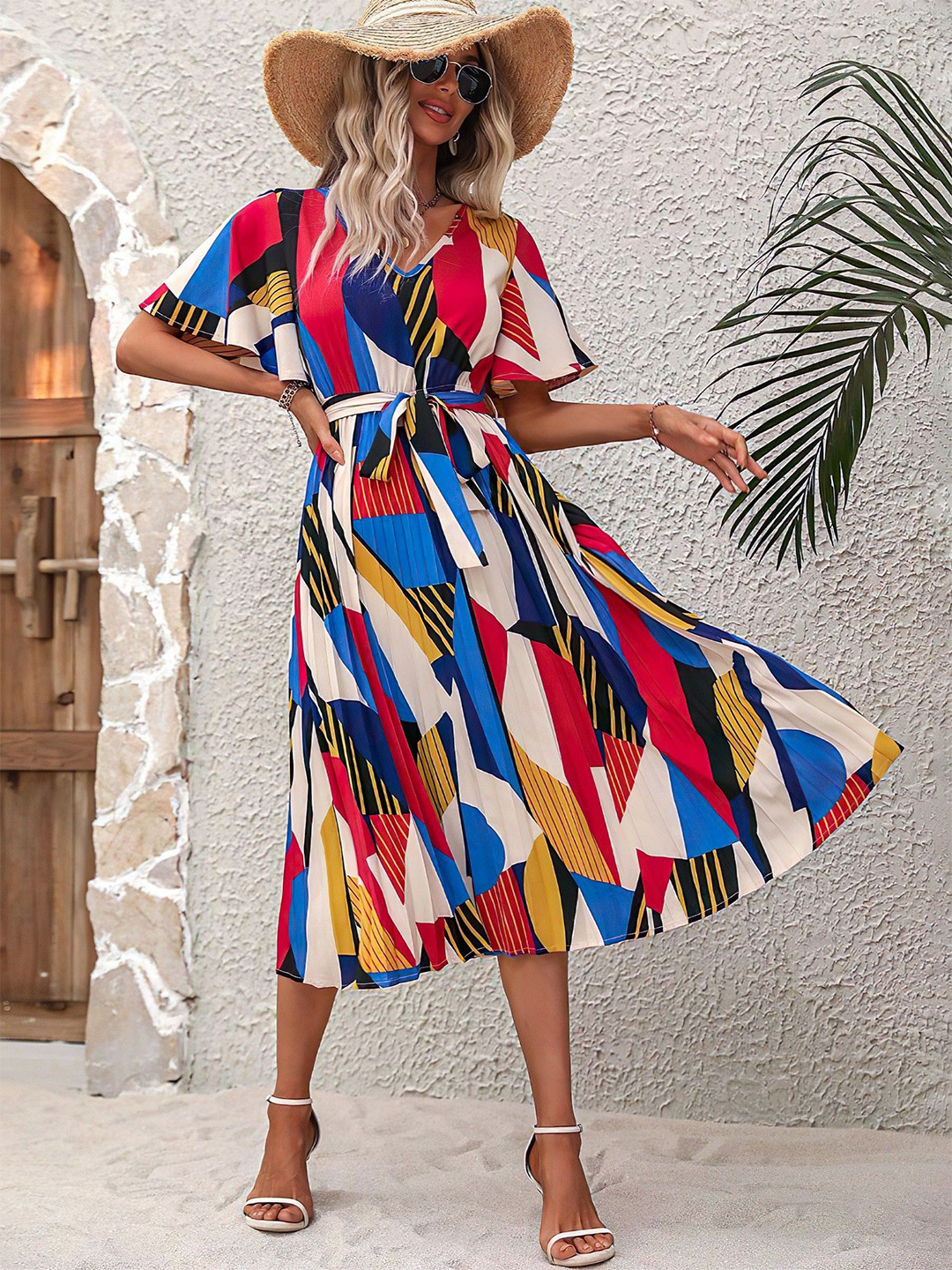 

Femvy Print Bell Sleeve Applique Crepe Fit & Flare Dress, Multi