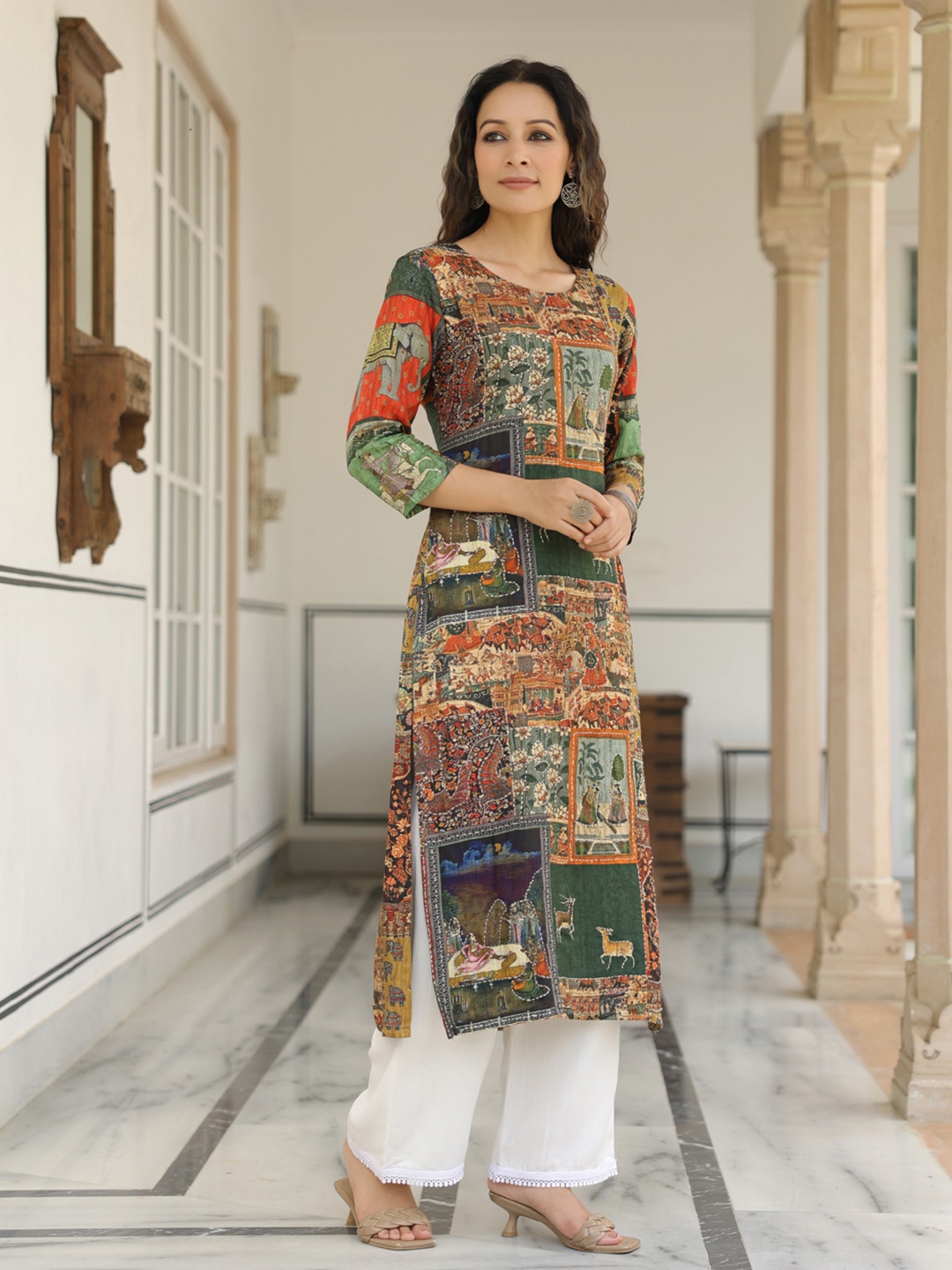 

FASHOR Ethnic Motifs Printed Sequinned Straight Kurta, Green