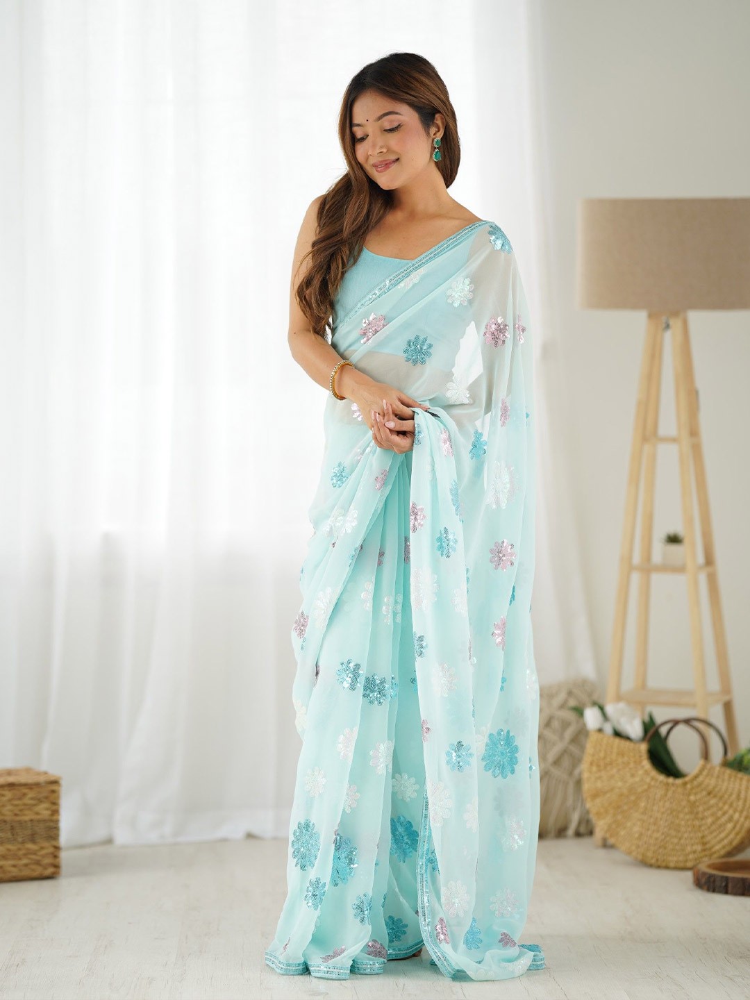 

LeeliPeeri Designer Floral Sequinned Saree With Emblished Border, Blue