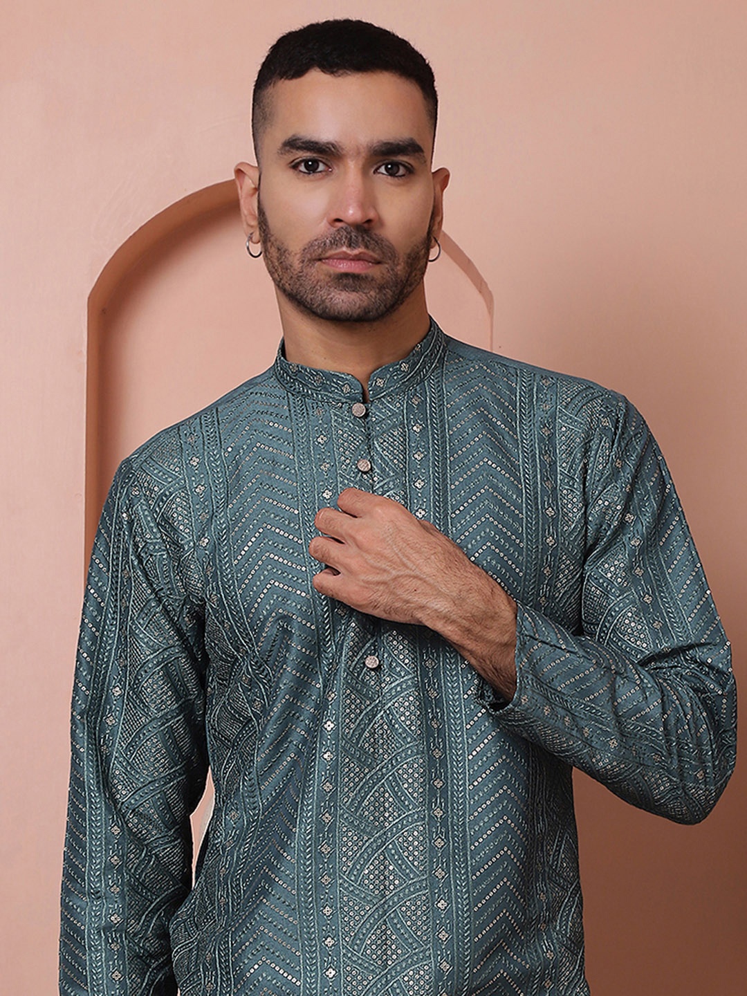 

Jompers Men Embroidered and Sequins Kurtas., Teal