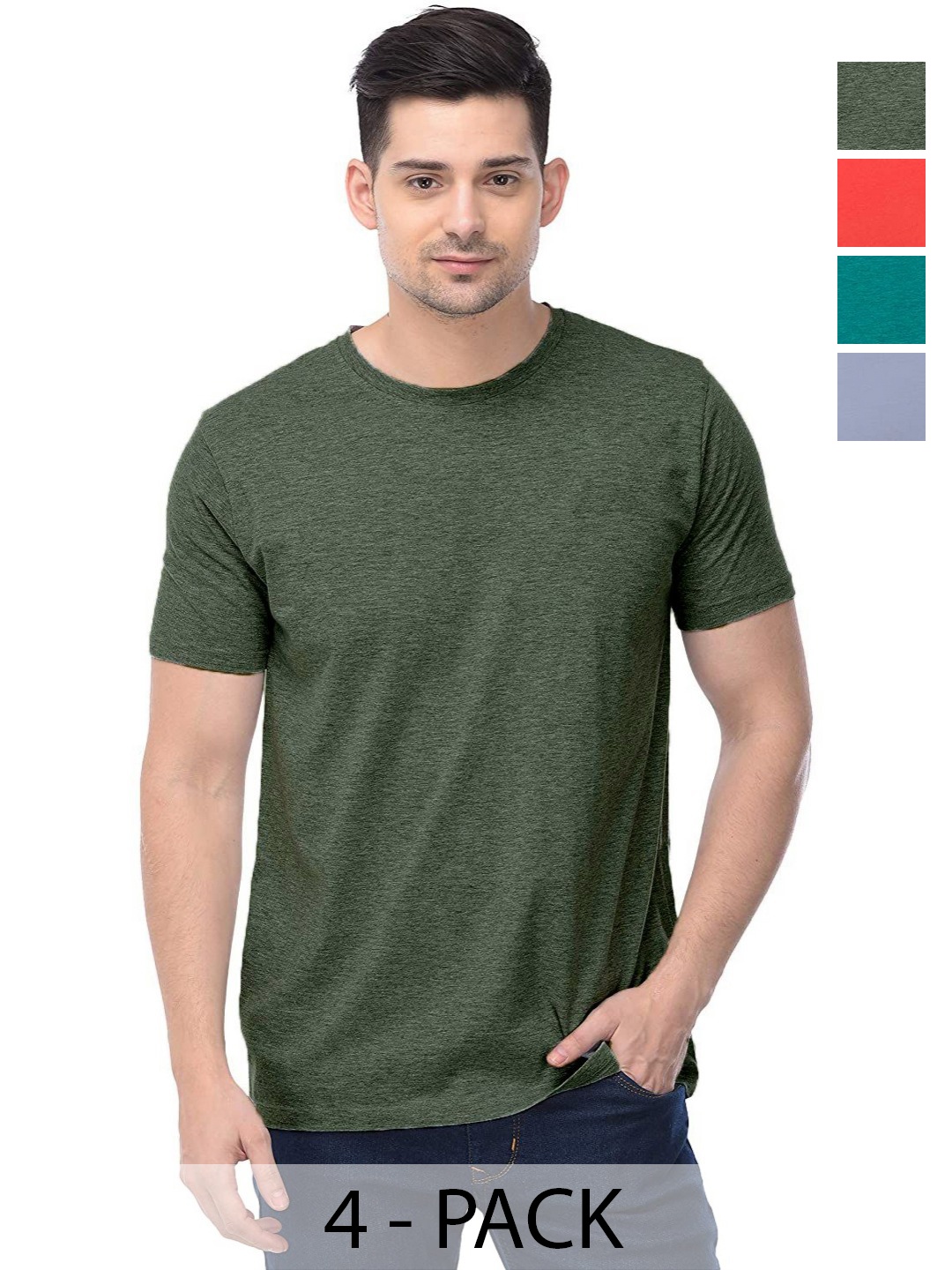 

COLOR CAPITAL Unisex Pack Of 4 Solid Round Neck Cotton T-shirts, Olive