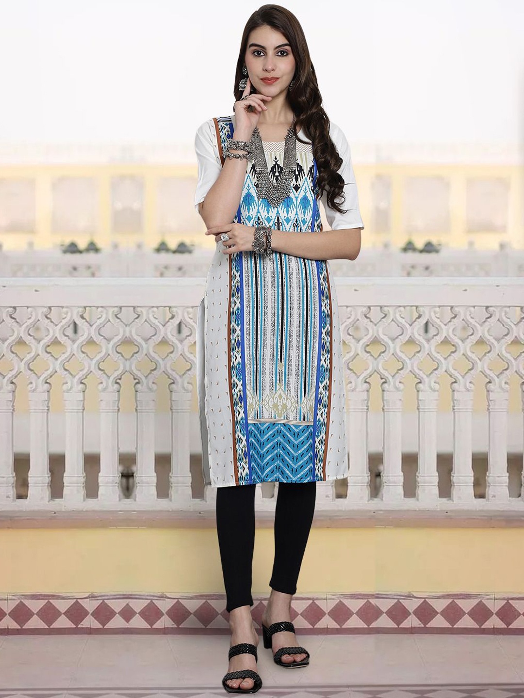 

7Threads Ethnic Motifs Printed Round Neck Crepe Straight Kurta, White