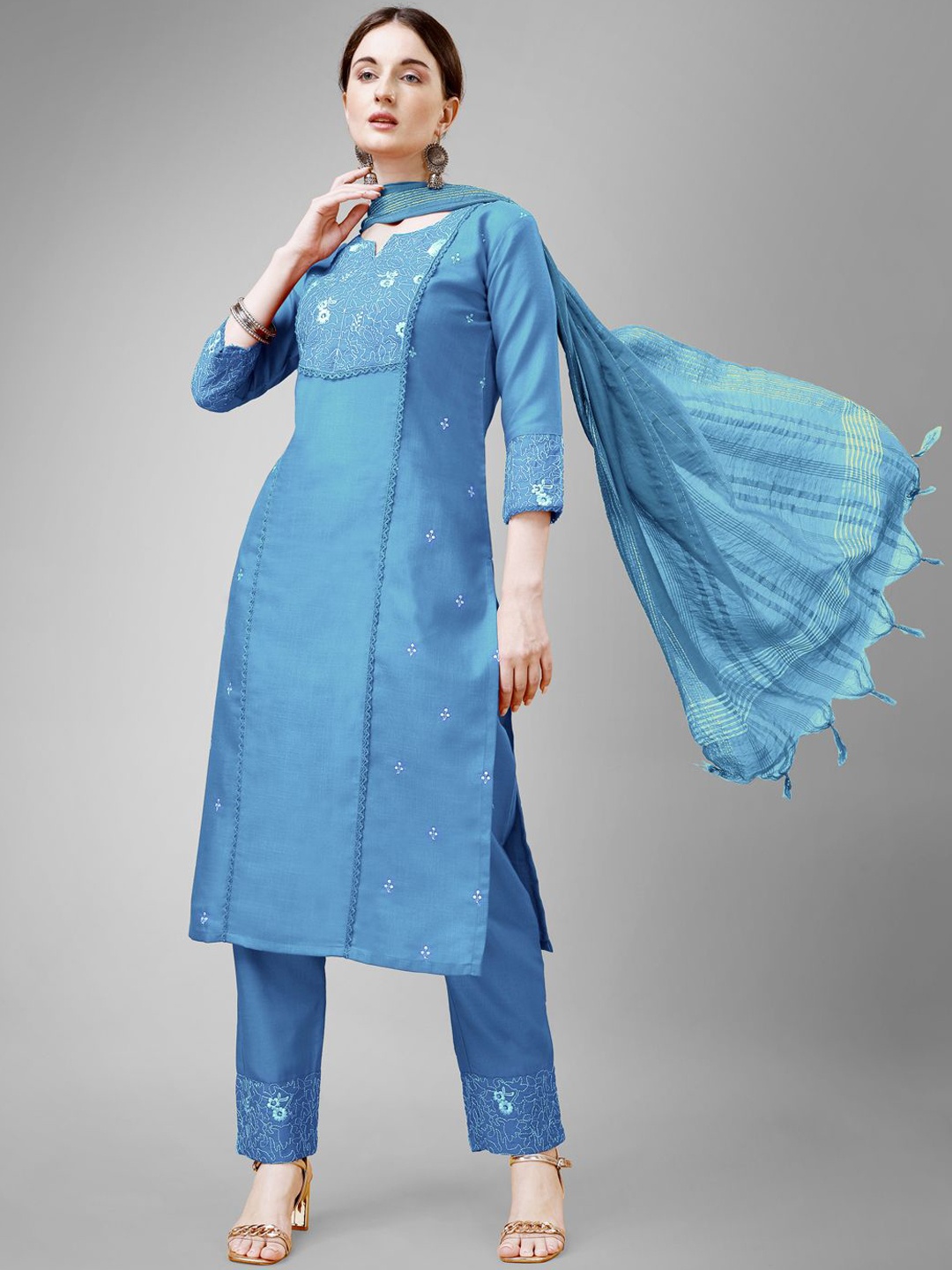 

WILNERCROWN Floral Embroidered Panelled Sequinned Kurta With Trousers & Dupatta, Blue
