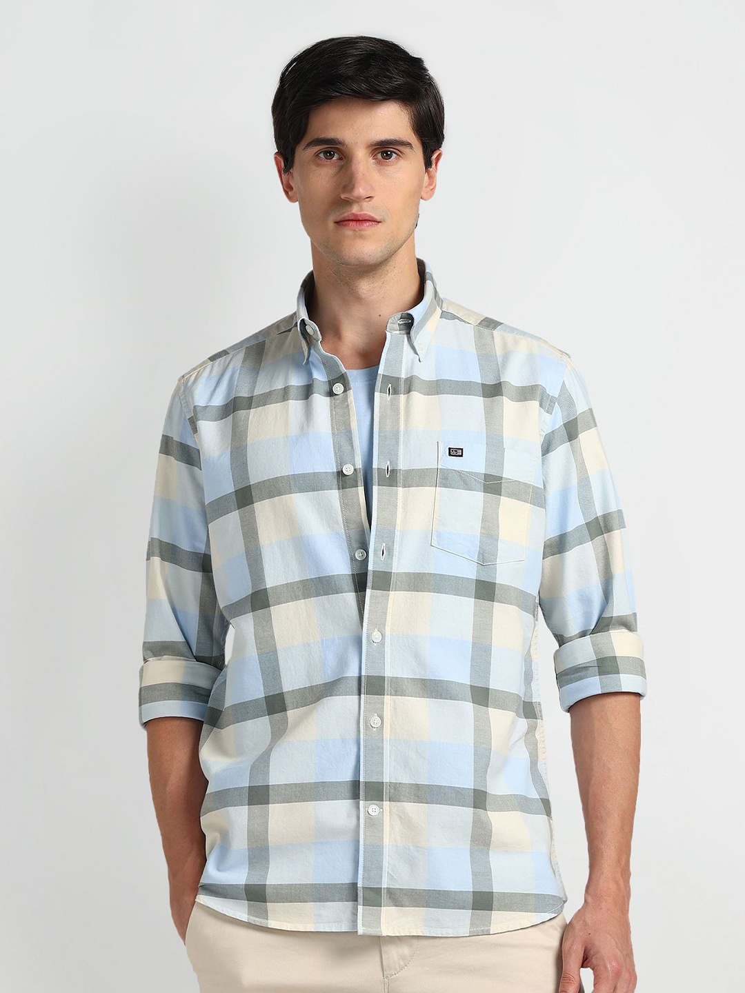

Arrow Sport Men Smart Button-Down Collar Tartan Checked Cotton Slim Fit Casual Shirt, Beige