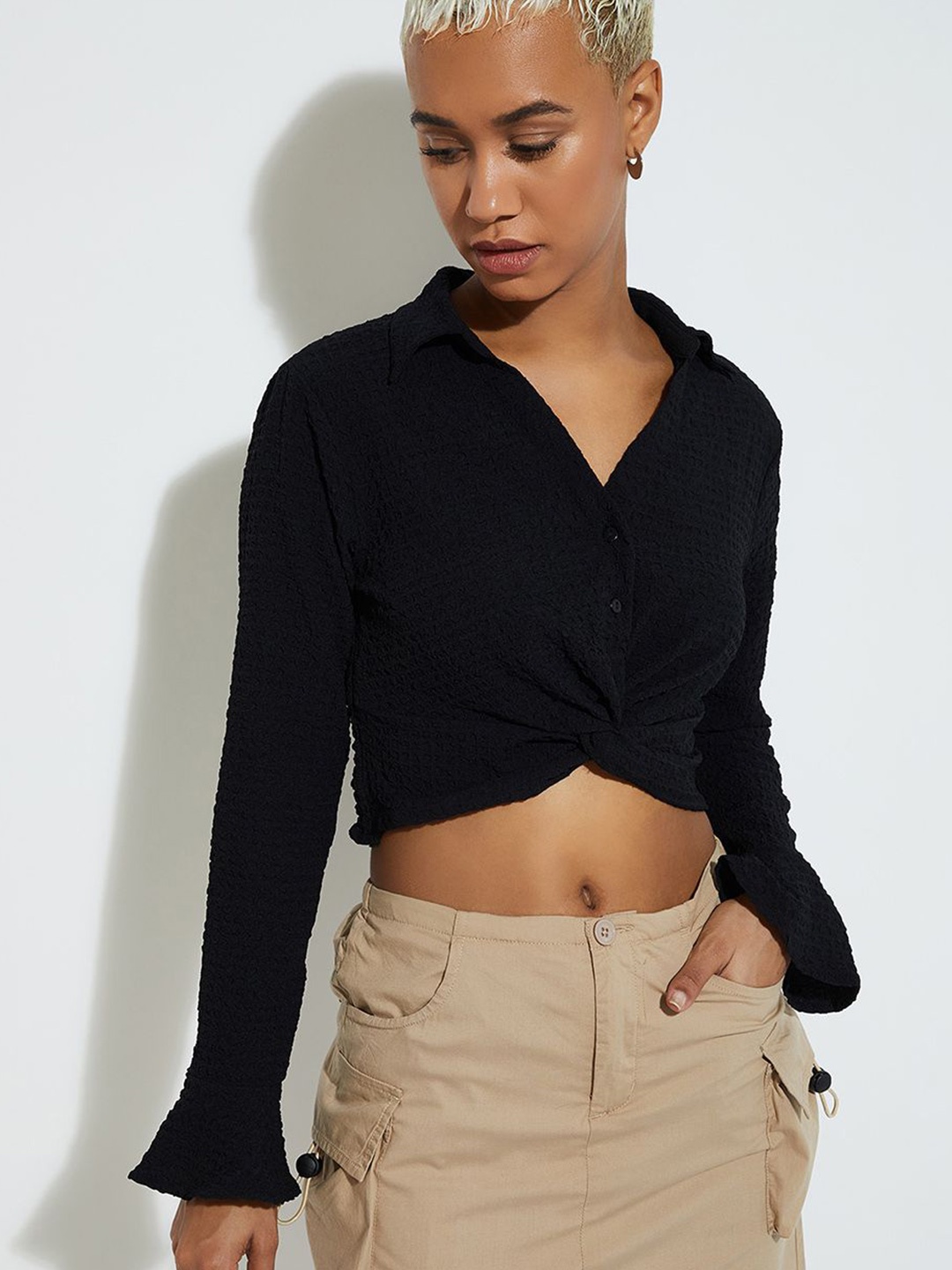 

Max Urb_N Women Textured Cropped Shirt, Black