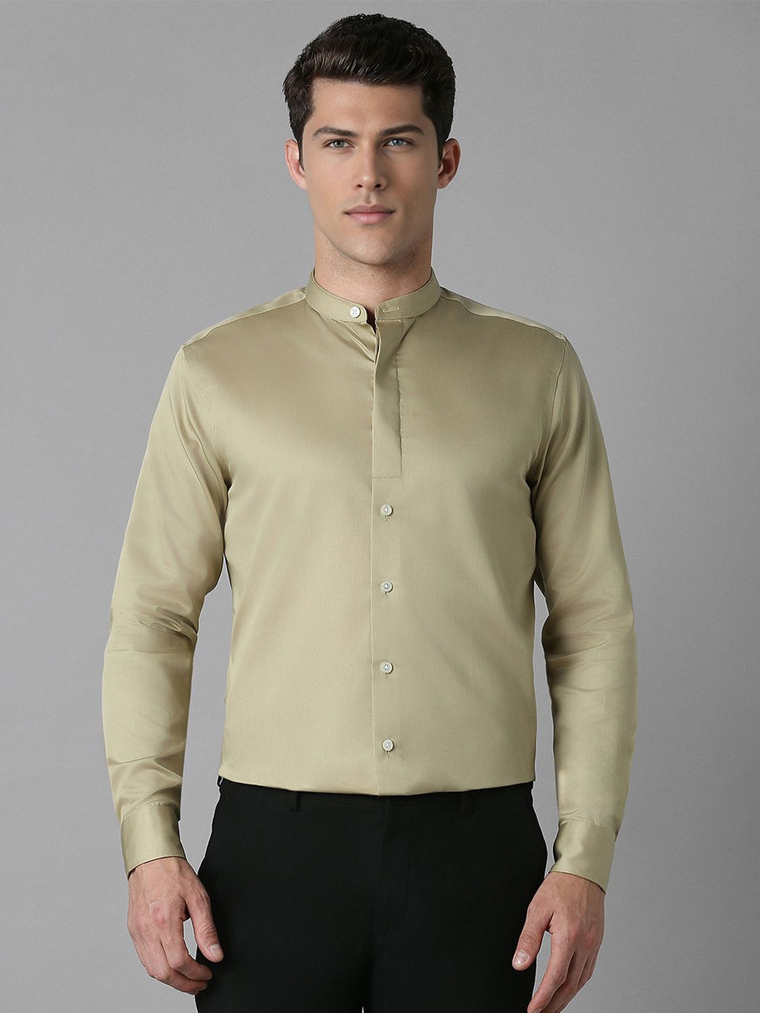 

Louis Philippe Men Band Collar Solid Cotton Slim Fit Formal Shirt, Olive