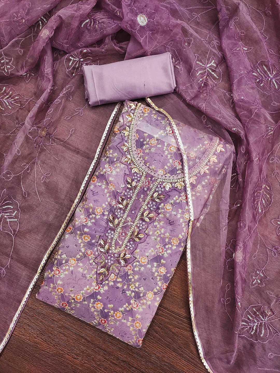 

KALINI Floral Embroidered Zari Unstitched Dress Material, Lavender