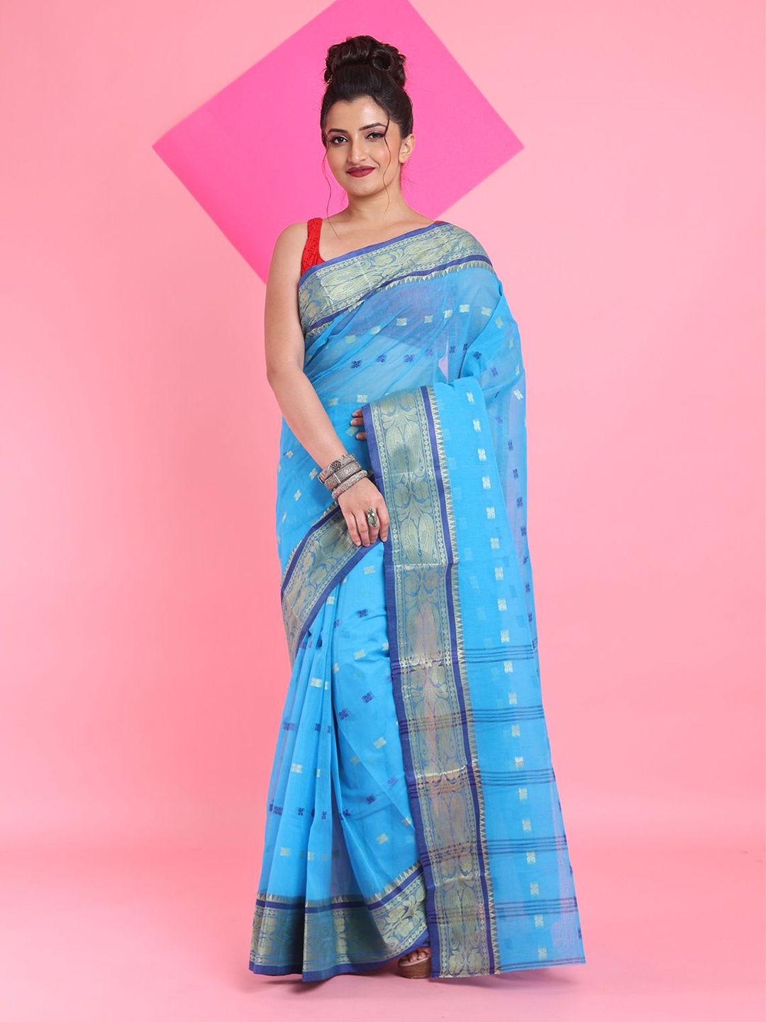 

Arhi Women Woven Design Pure Cotton Taant Saree, Blue