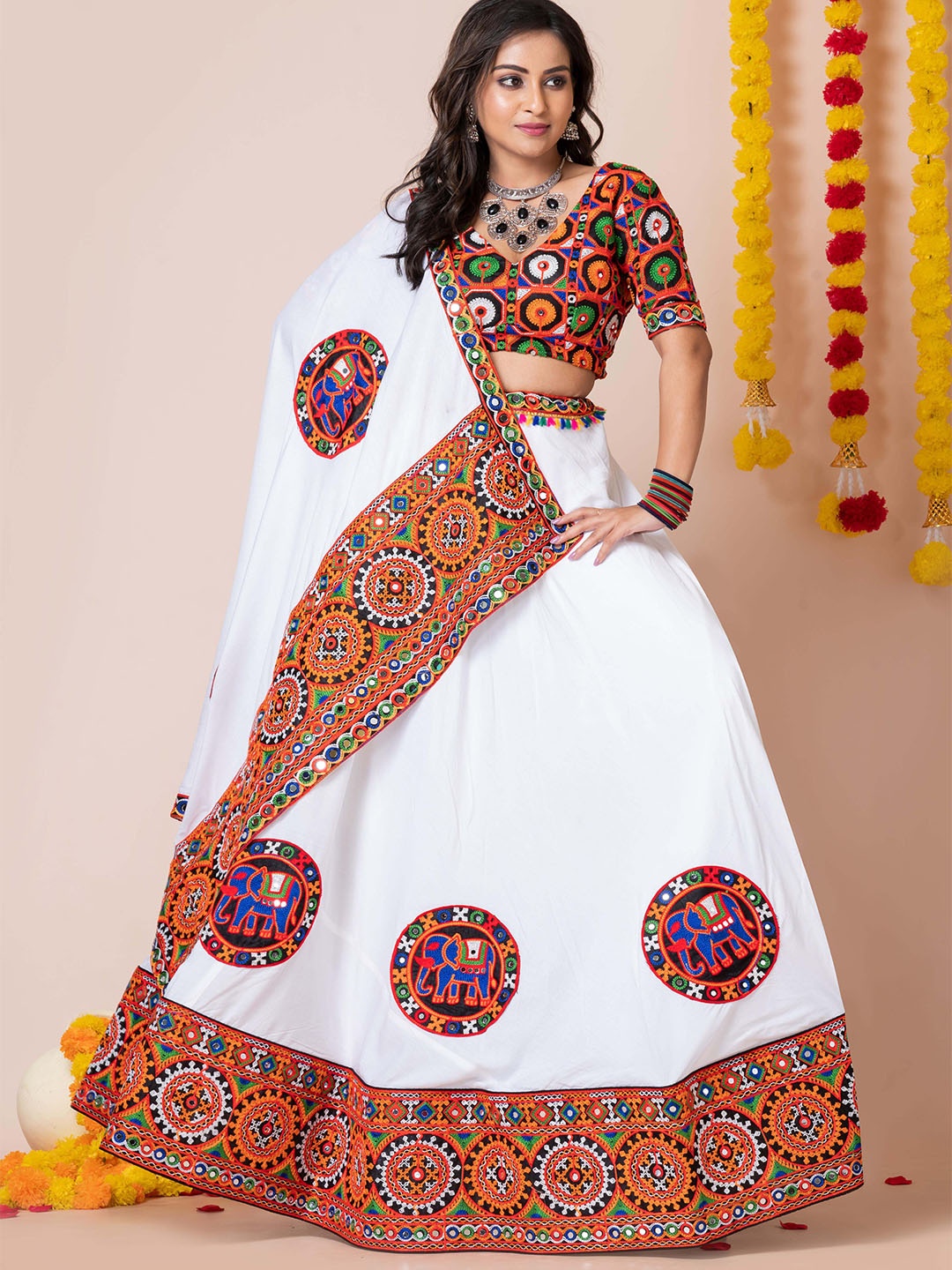 

Roykals Embroidered Mirror Work Semi-Stitched Lehenga & Unstitched Blouse With Dupatta, White