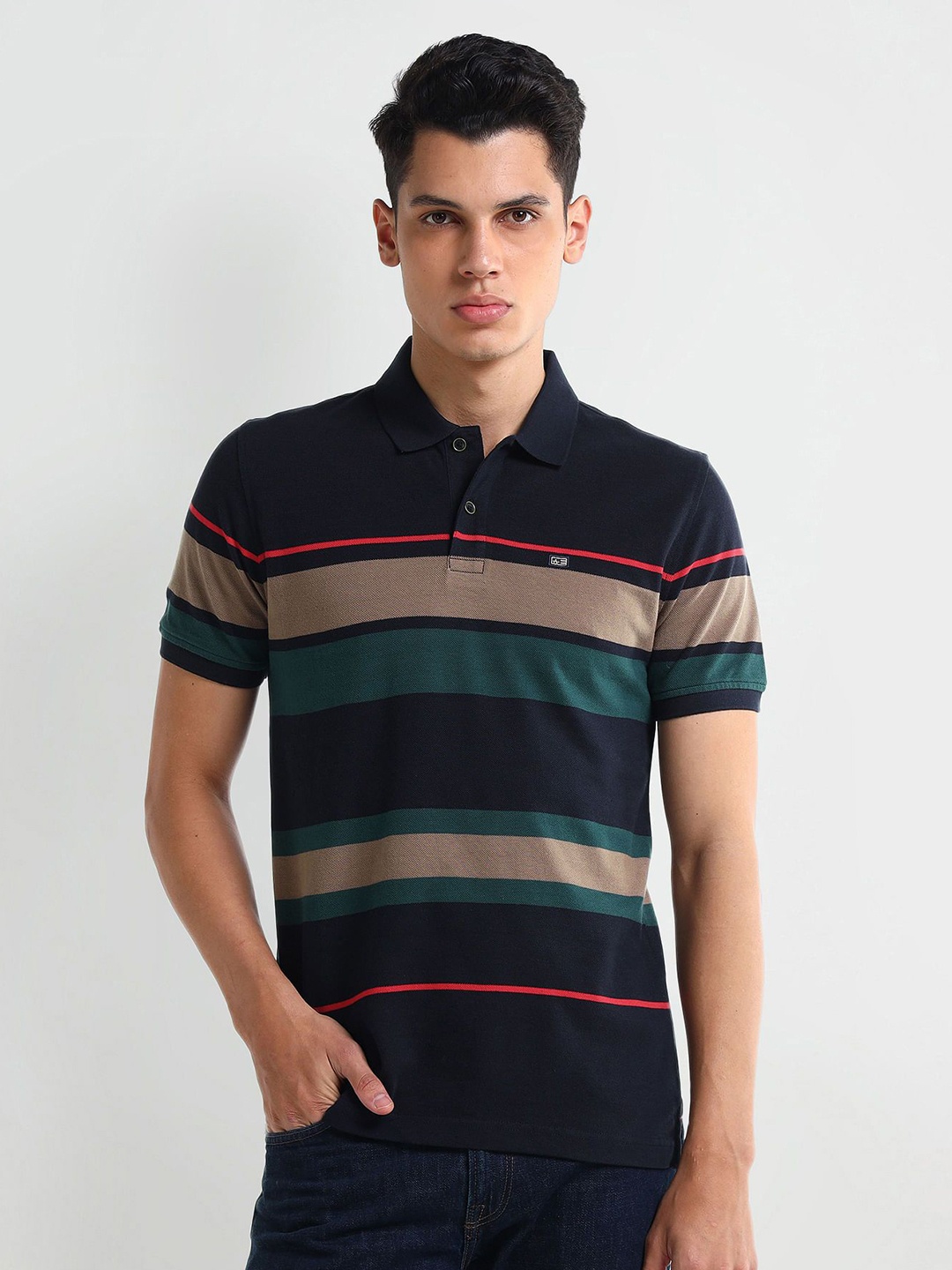 

Arrow Men Striped Knits Polo Collar Cotton T-shirt, Navy blue